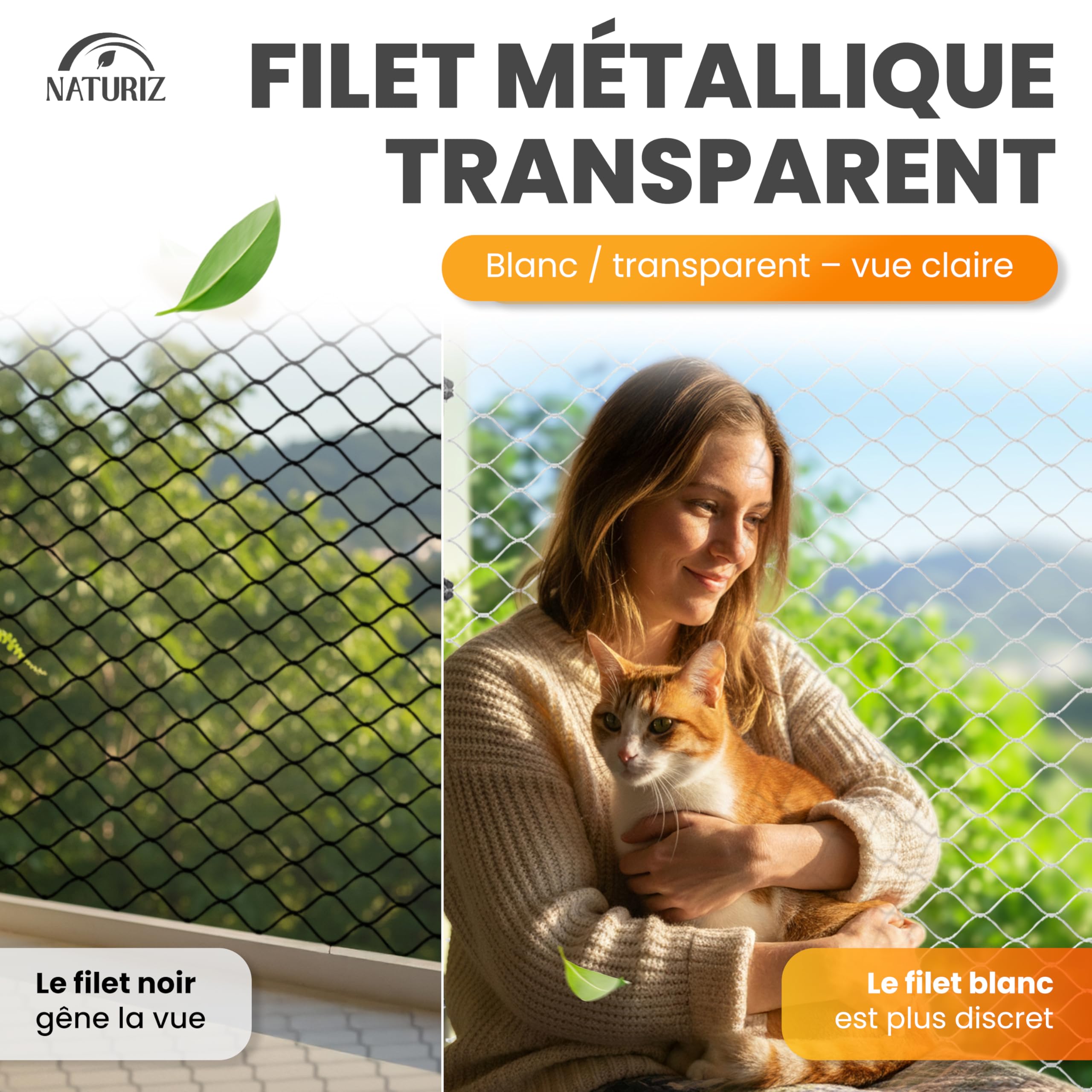Naturiz Filet de protection pour chat balcon 3 x 8 m renforcé fil de fer transparent blanc crochet adhésif