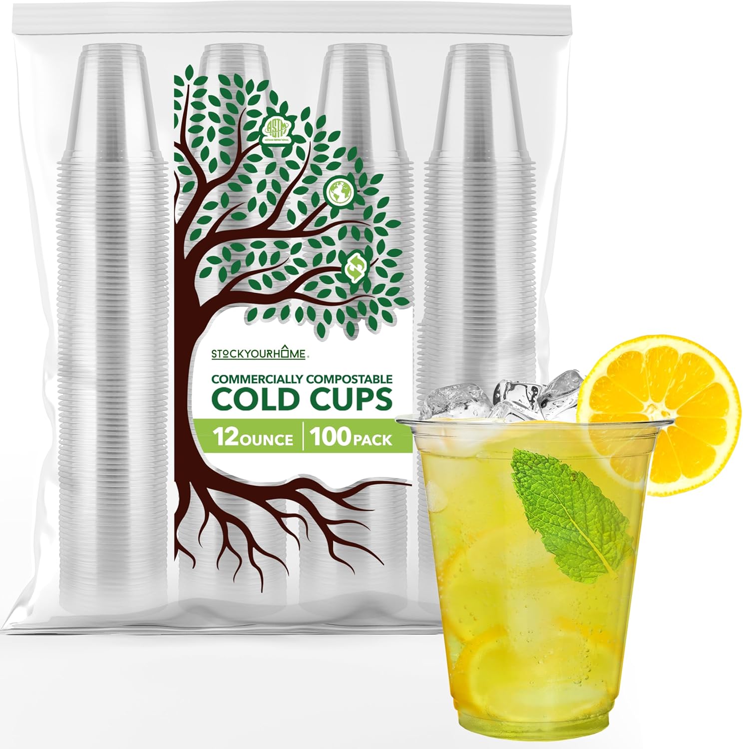 Stock Your Home 12 oz Clear Commercially Compostable Cold Cups (100 Pack), Eco Party Cup, Environmentally Friendly Disposable Sustainable for Water, Wine, Beer Sample