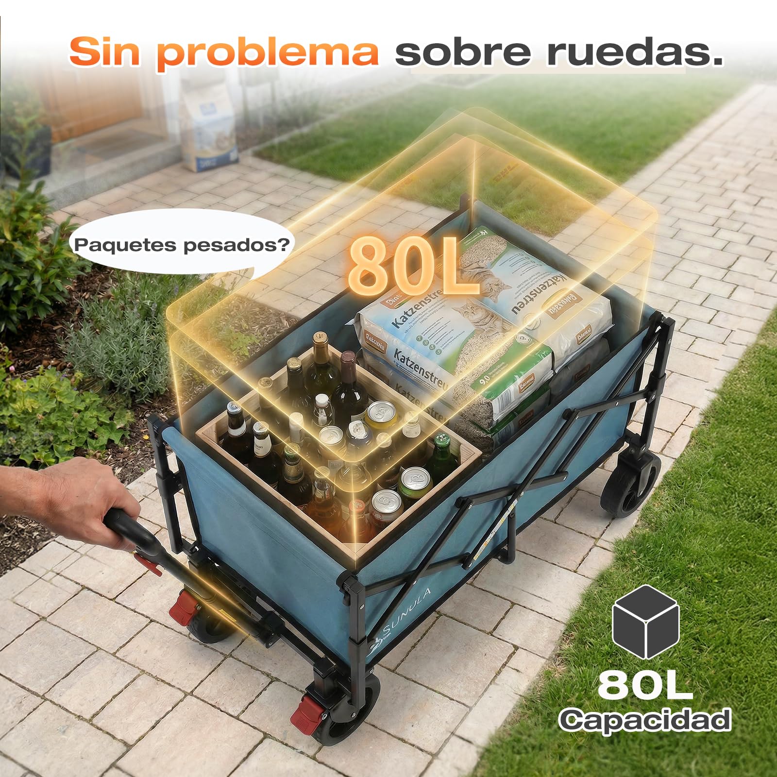 SUNULA Carro Plegable pequeño 80L 100KG, Carro Plegable con Peso reducido, Carro Todoterreno con Frenos, Azul