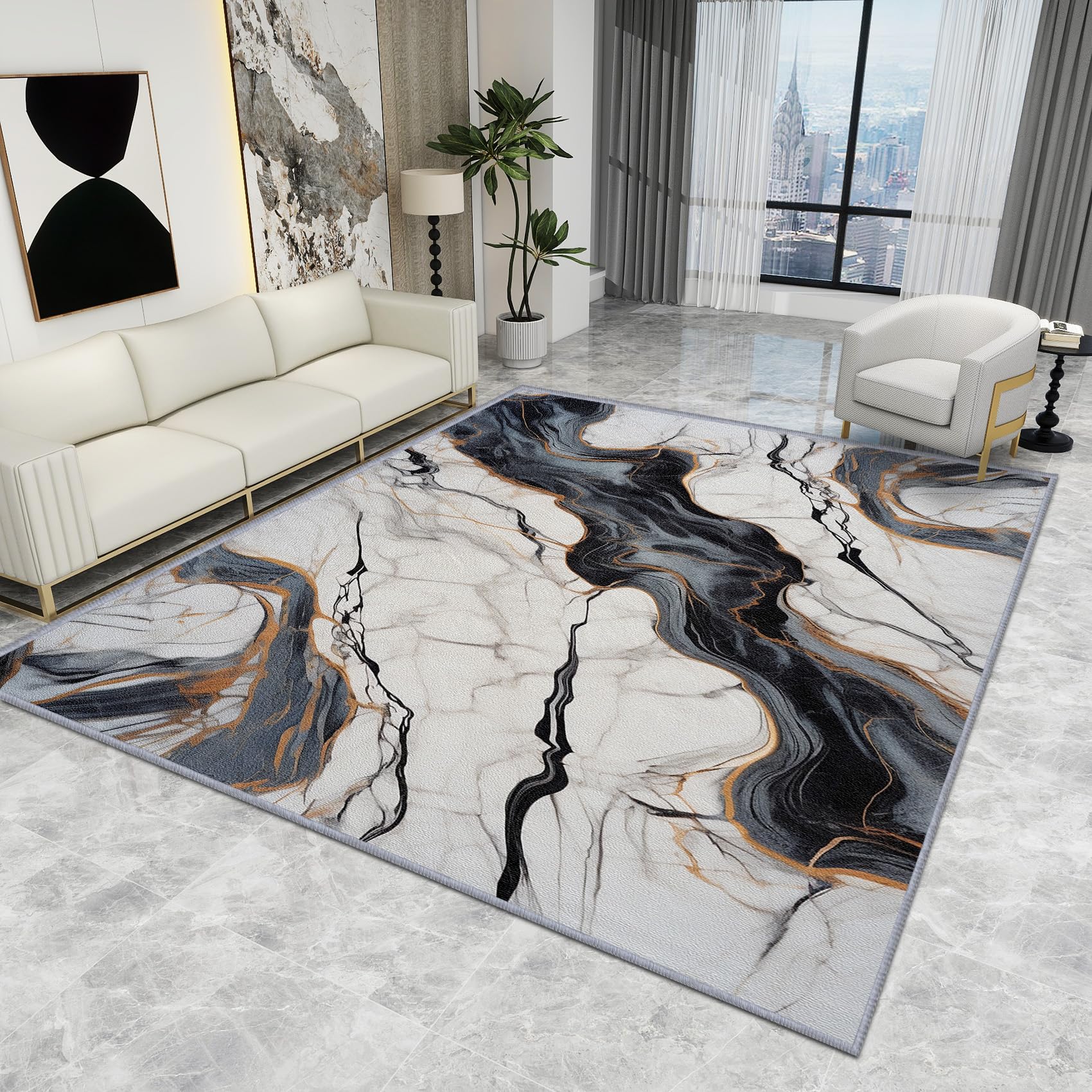 Large Marble Abstract Modern Luxury Carpet - Black and White, Washable Non Slip Low Pile Soft Area Rug, 120 X 180 cm