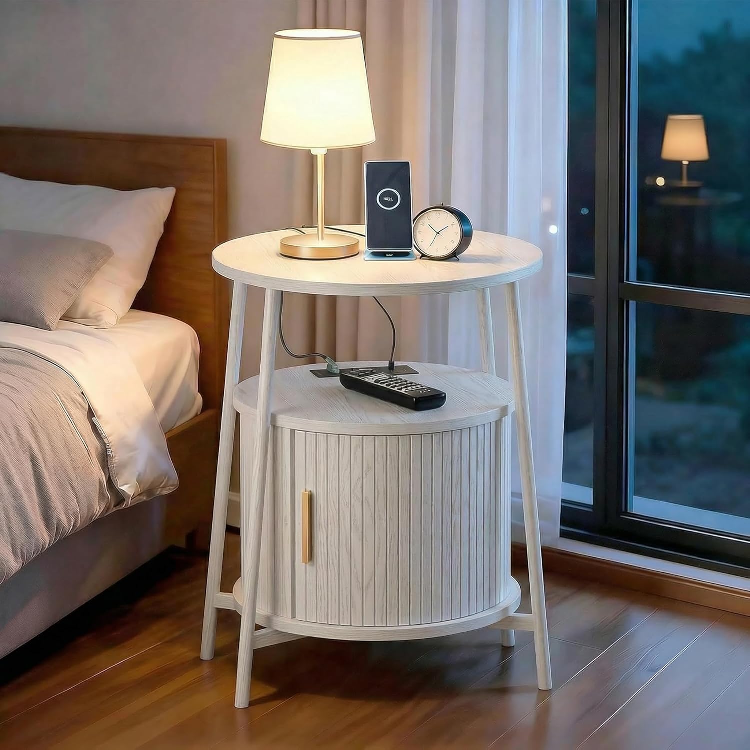 Round End Tables with Drawer: Fluted Side Table with Charging Station, Mid-Century Modern Nightstand with Sliding Door for Small Space Storage, Living Room, Bedroom