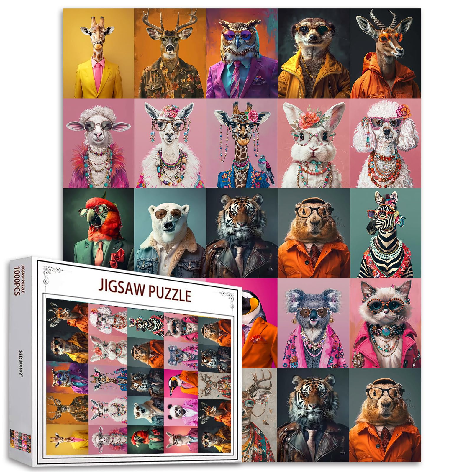 Animals in Clothes Jigsaw Puzzle Wildlife World 1000 Pieces Puzzles Challenging Family Activity for Game Nights Home Wall Decor DIY Craft 27 x 20 Inches Funny Animals Art Puzzles (Colorful)