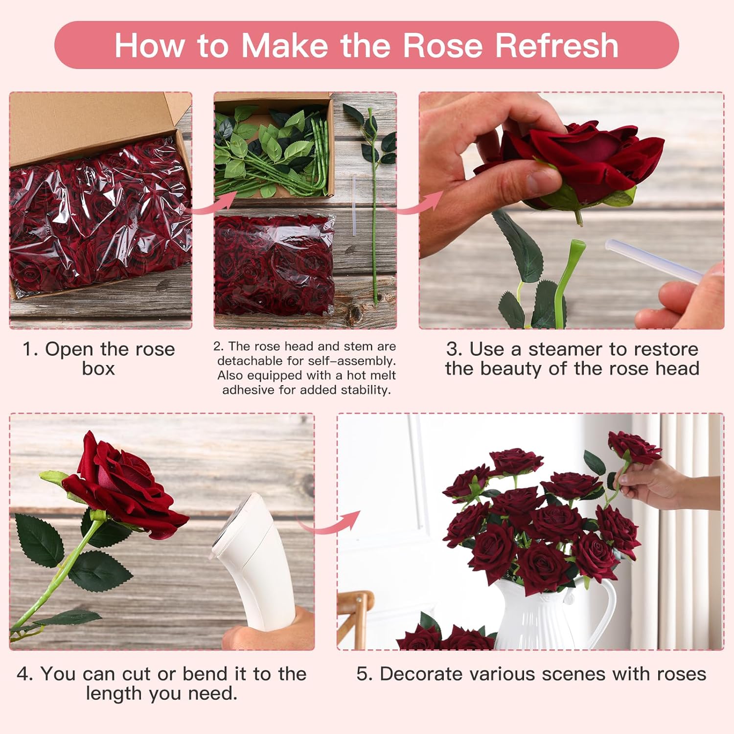 Floweroyal 15PCS Burgundy Roses Artificial Flowers 4.33" Velvet Flowers with Long Stem Fake Roses for Valentine's Day, Wedding Bridal Bouquets, Floral Arrangement, Table Centerpieces, Home Decorations - Image 7