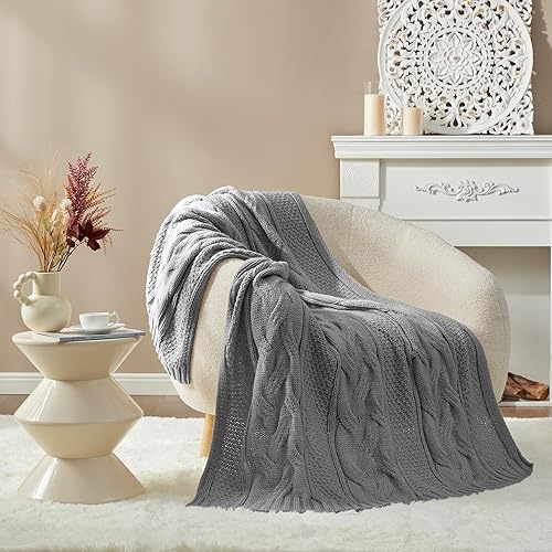 Miniatura 3 de Amélie Home Manta de punto trenzado a rayas para sofá, manta decorativa de lana gruesa para casa de campo moderna, sala de estar, dormitorio, 50 x