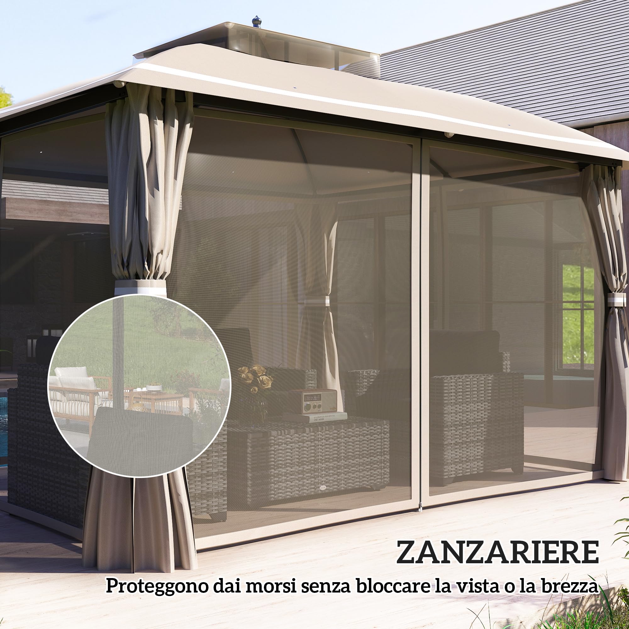 Outsunny Gazebo da Giardino 3.7x3m con Zanzariere, Doppio Tetto, Fori di Drenaggio e Pareti Laterali, Gazebo da Esterno in Metallo e Poliestere, per Giardino, Feste, Campeggio, Protezione UV, Beige