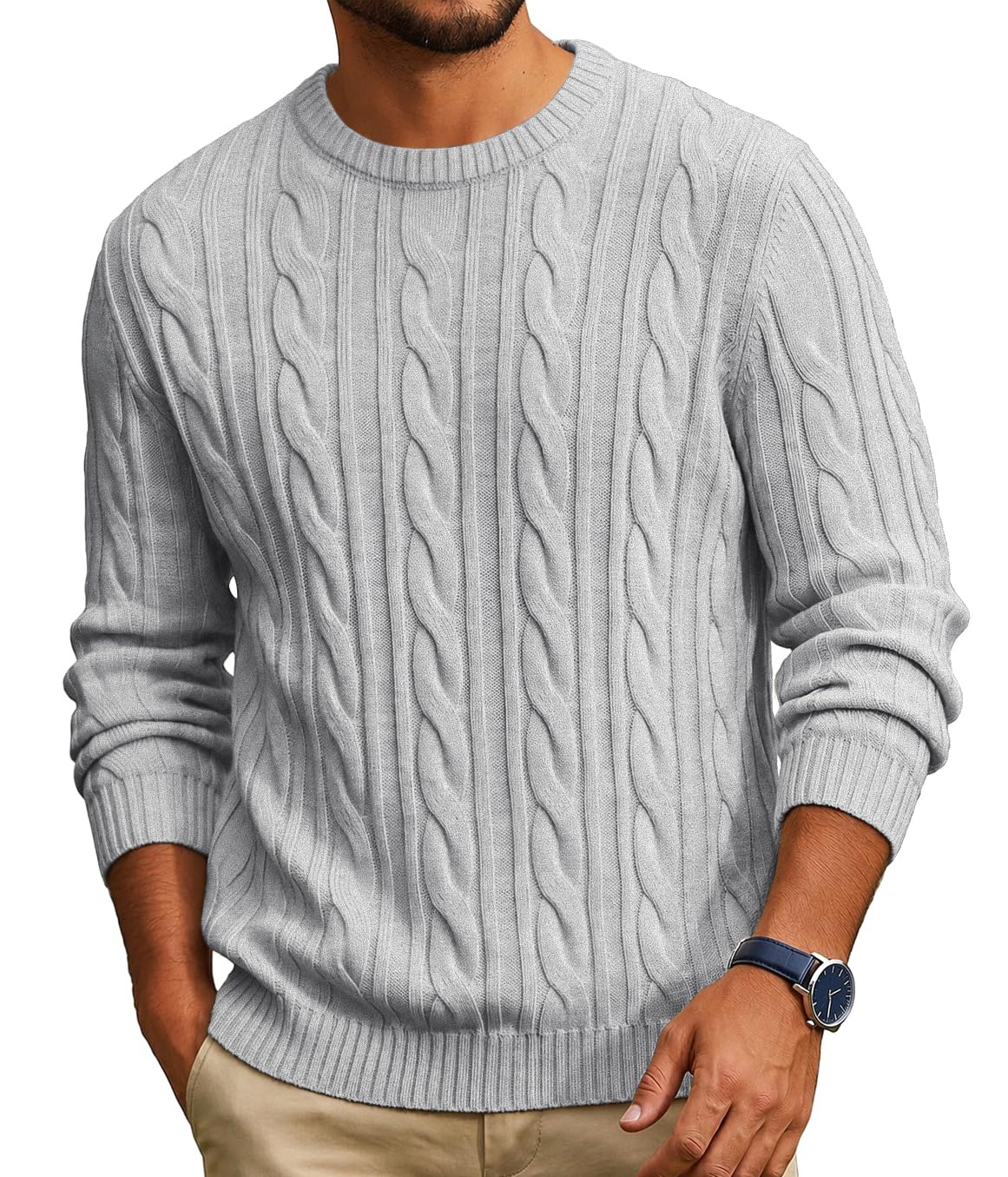 COOFANDY Mens Sweater Crewneck Cable Knit Sweater Casual Warm Pullover