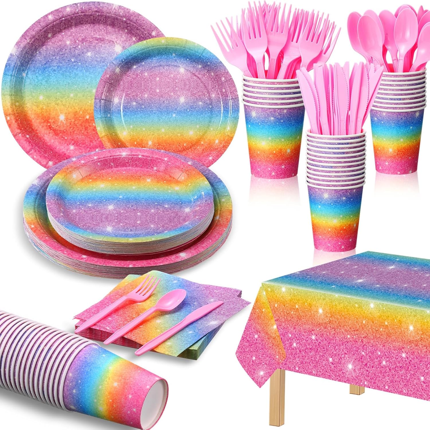 Zhehao 169 Pcs Rainbow Party Decorations Supplies with Disposable Tablecloths Plates Napkins Cups Straws Knives Forks Serve 24 Guests for Birthday Bridal Shower Rainbow Pride Party Favor(Pastel)
