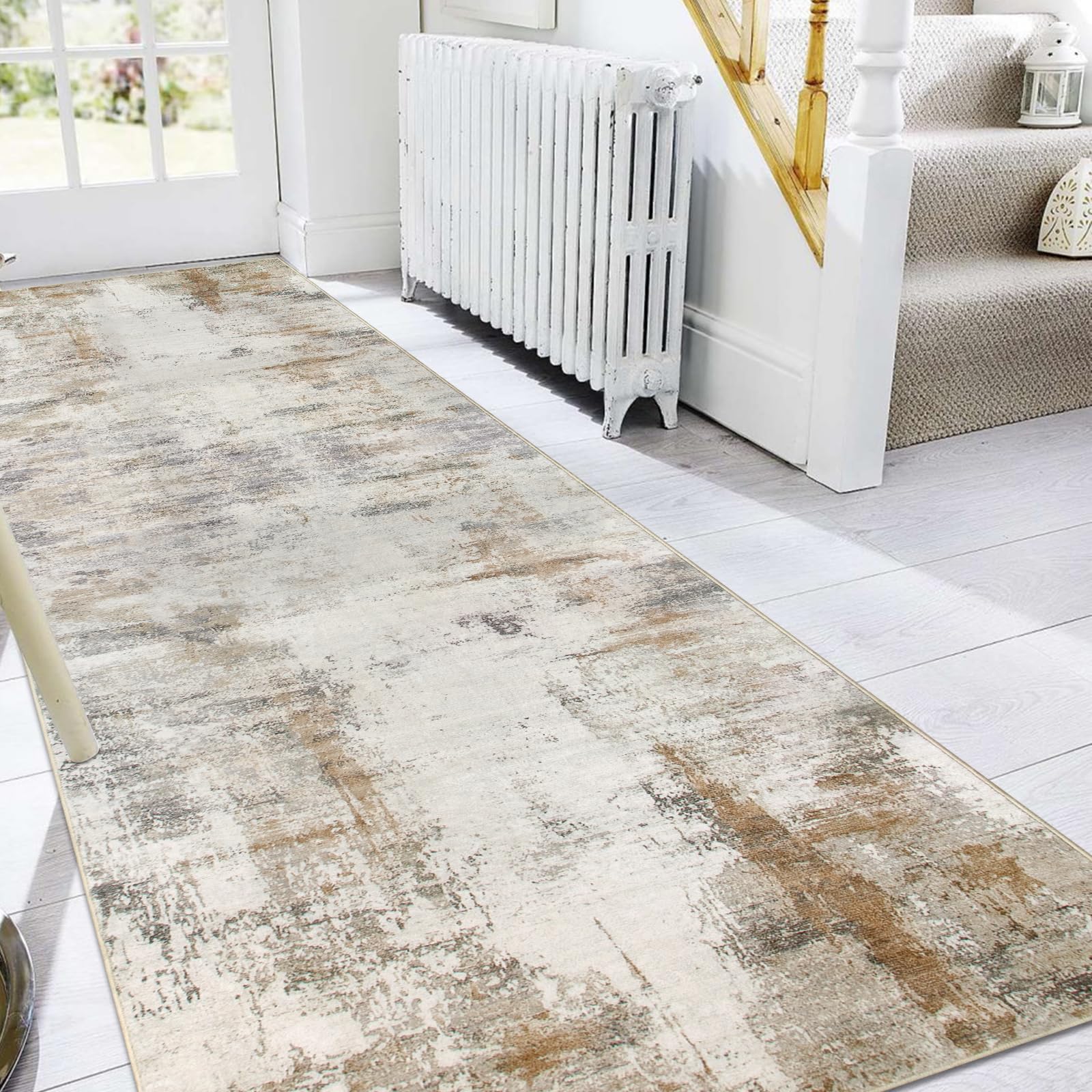 Famibay Tapis Couloir Long 80x300 Lavable en Machine Tapis De Passage Antiderapant Doux Poil Ras Beige Moderne Abstrait Tapis Cuisine Salle A Manger Chambre