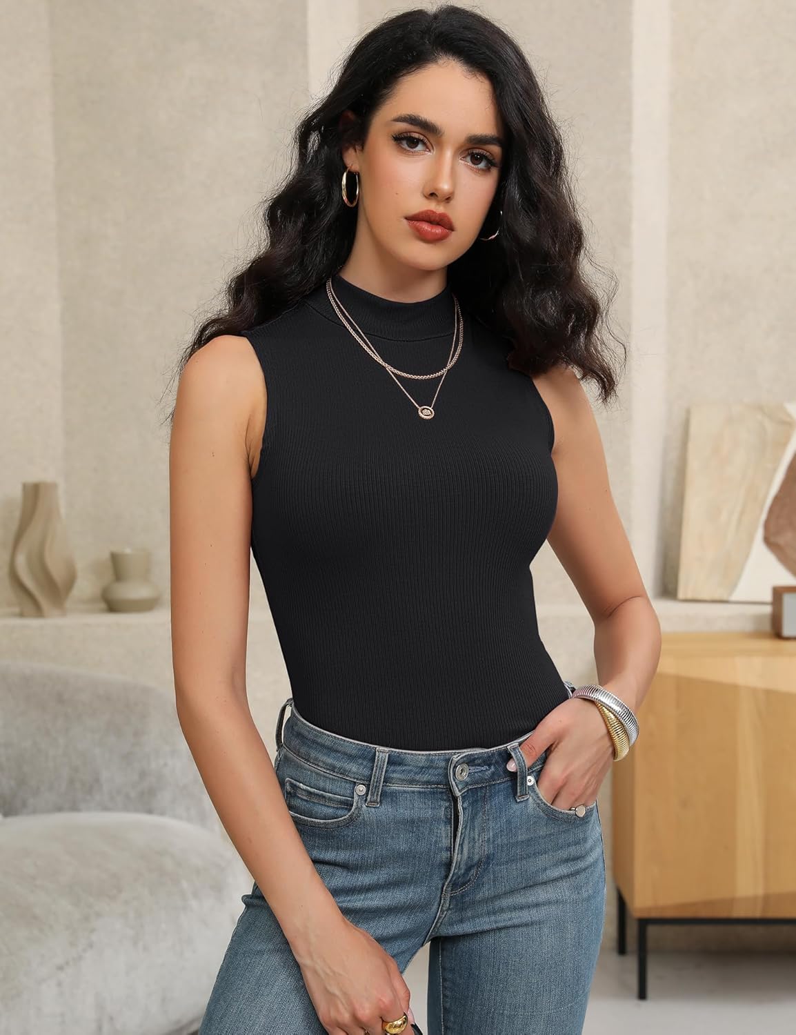 Prettywear Women's Sleeveless Tank Tops Spring Ribbed Knit Mock Turtle Neck Slim Fitted Basic Tee Shirts - Image 2