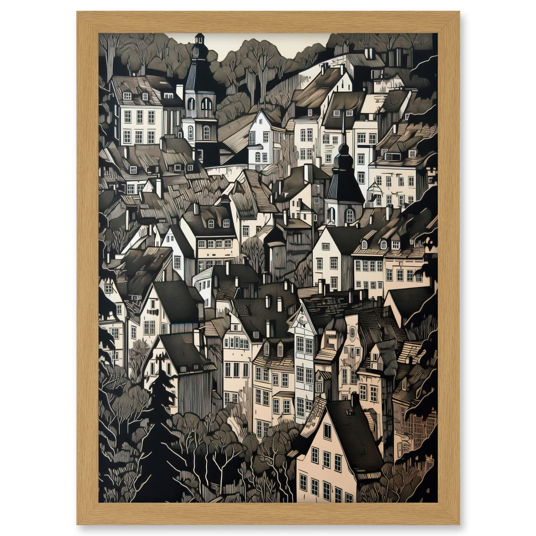 Artery8 Black Forest City Baden Monochrome Cityscape Artwork Framed A3 Wall Art Print