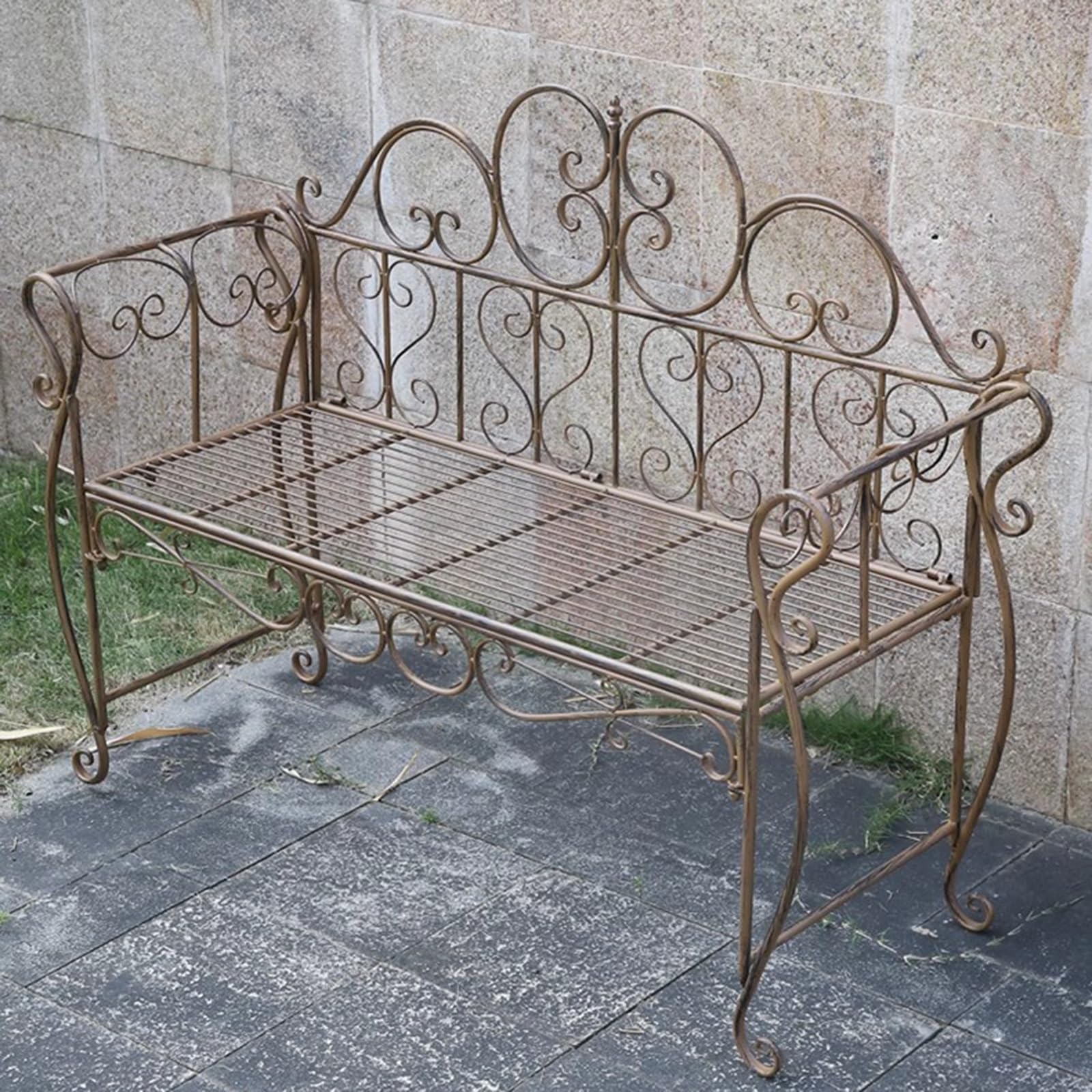 Panchina da Giardino in Ferro Battuto da 127 cm, Panchina da Esterno con Schienale e Braccioli per Cortile, Bordo Piscina, Prato(Brown)