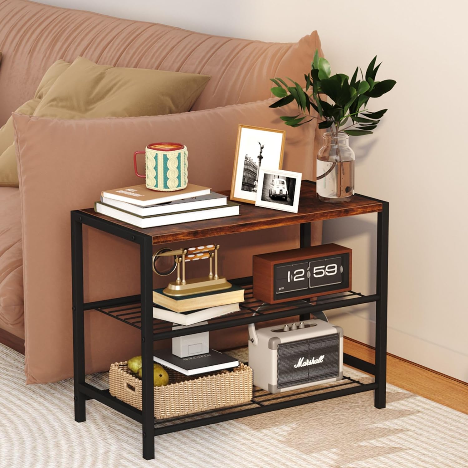 yusong shoe rack organizer, 3 tier industrial shoe storage shelf for closet entryway, narrow sturdy metal shoe shelves, rustic brown 3 tier rustic brown