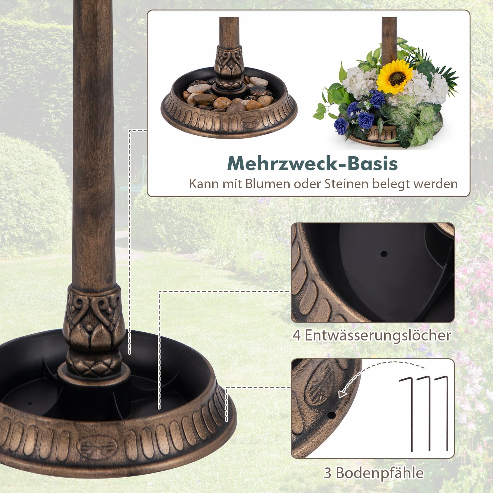 GOPLUS Vogeltränke stehend, Vogelbad Retro mit Solarlicht, Vogelbrunnen Winterfest mit Blumenpflanzer, Garten Tränke Bad für Wildvögel, Wassertränke für Vögel, Bird Bath für Outdoor (Antik-Bronze)