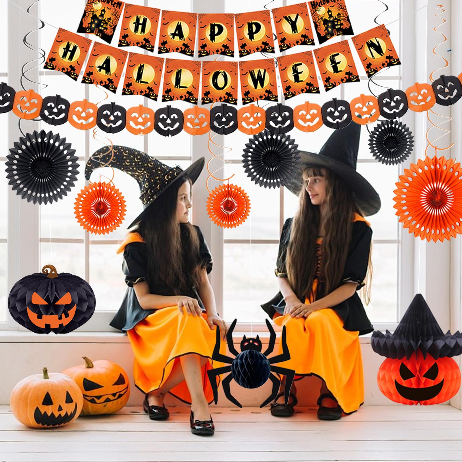 Xunerloy Halloween Party Decorations, Reusable Happy Halloween Paper Banner Paper Fans for Home, Pumpkin Garland Hanging Honeycomb Balls Suitable - Image 3
