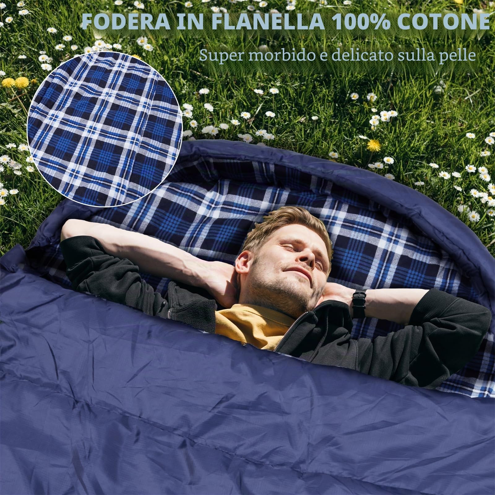 Sacco a pelo in flanella di cotone per adulti, fodera in cotone 100% sacco a pelo per campeggio, escursionismo, viaggi con zaino in spalla, leggero e portatile, 3-4 stagioni di utilizzo caldo