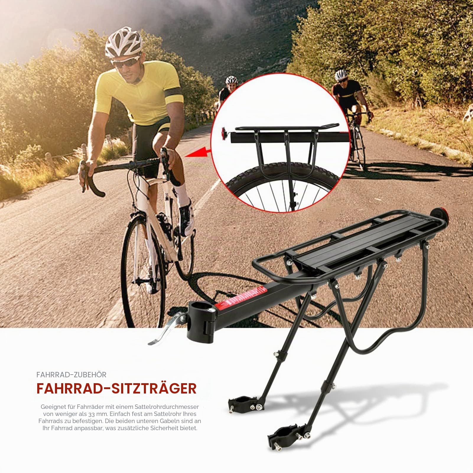 Gepäckträger Mountainbike, Universal Fahrrad Gepäckträger mit Reflektor Fahrradständer Mountainbike Einstellbare Träger Aluminium-Legierung Fahrradgepäckträger 50KG Belastung