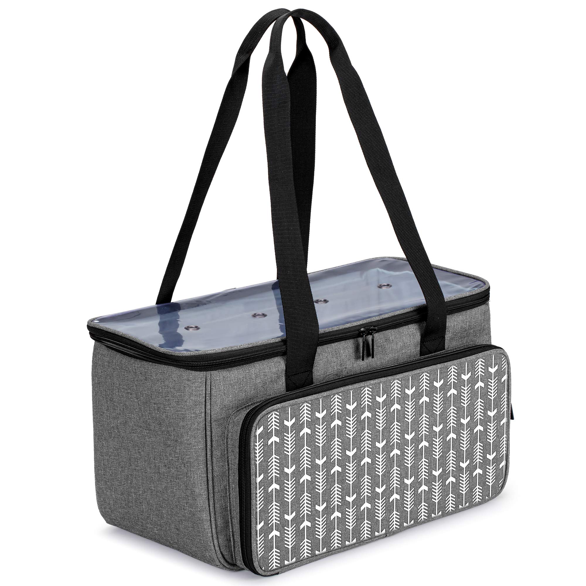 Yarwo Stricktasche für Wolle, Handarbeitstasche, Grau mit Pfeilmuster | Mit 2 Großen Fächern für Wolle, Transparenter Abdeckung, 4 Ösen und Frontfach mit Transparenten Taschen für Strickprojekte