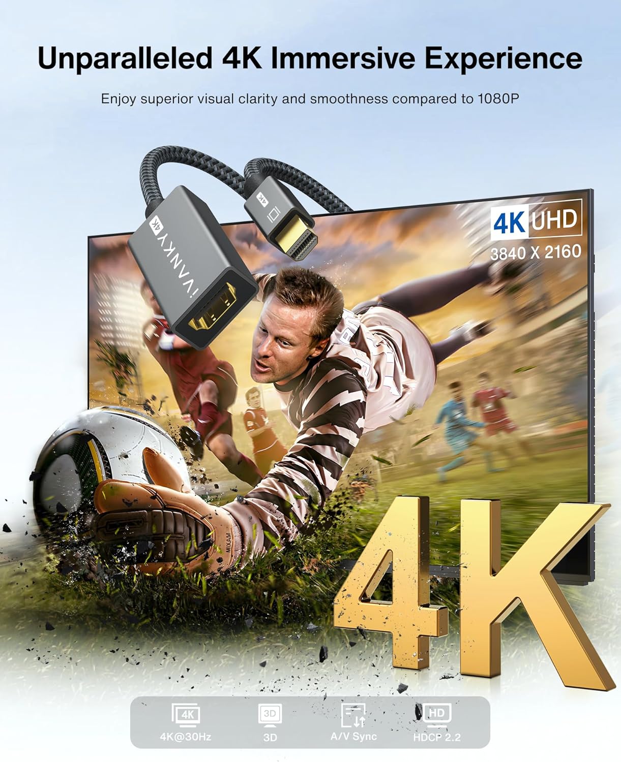 IVANKY 4K Mini DisplayPort to HDMI Adapter, 4K@30Hz Mini DP to HDMI Adapter, Gold-Plated/Braided Thunderbolt 2 to HDMI Compatible with MacBook Air/Pro, Microsoft Surface Pro/Dock, Monitor, Projector 1 Pack-Grey 4K@30Hz
