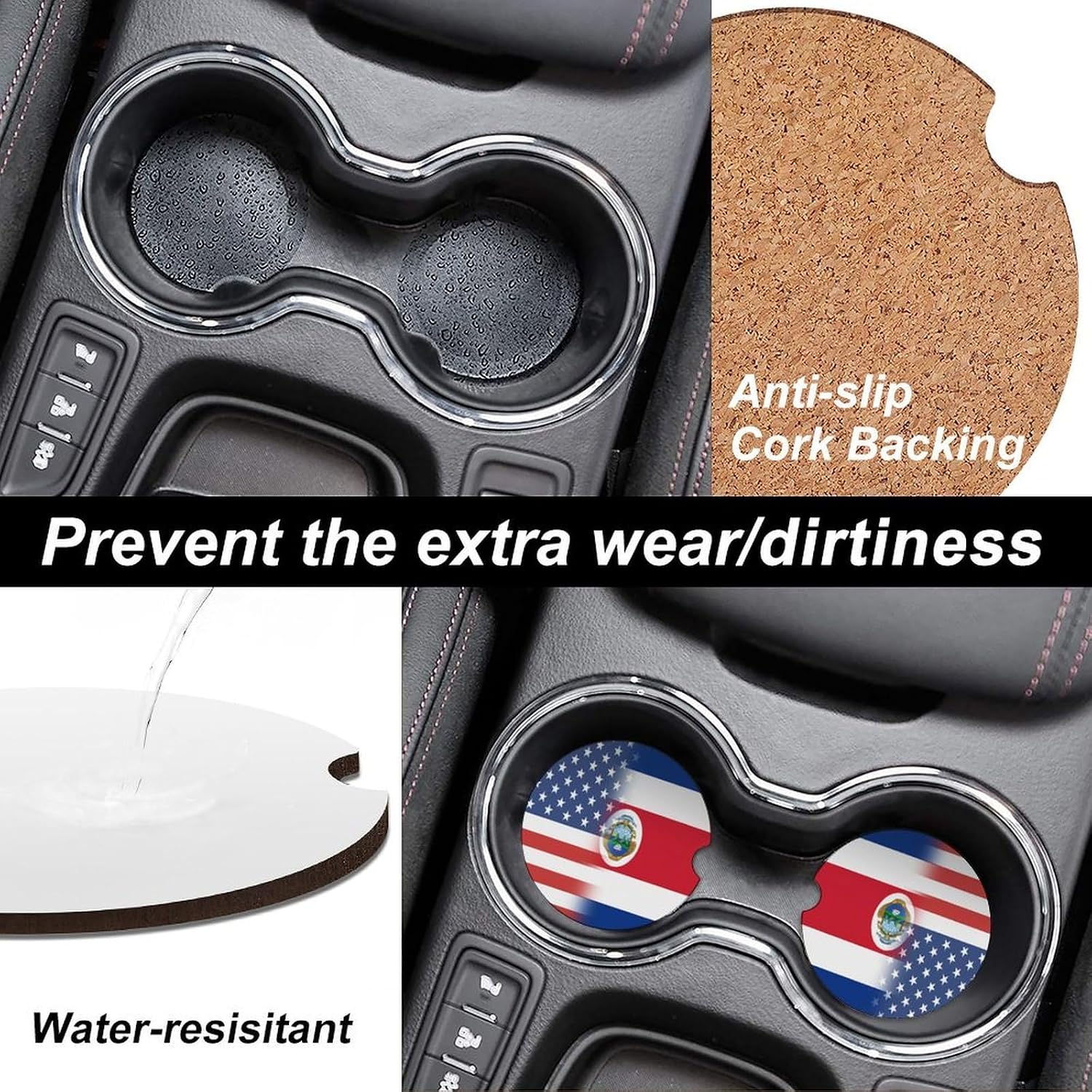United States Costa Costarican Flag Car Cup Holder Coaster with Cork Base 2.6 Inches Anti Slip