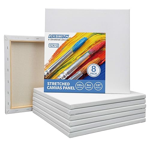 FIXSMITH Stretched White Blank Canvas- 12x12 Inch,Bulk Pack of 8,Primed,100% Cotton,5/8 Inch Profile of Super Value Pack for Acrylics,Oils & Other Painting Media - 12"x12" - 8