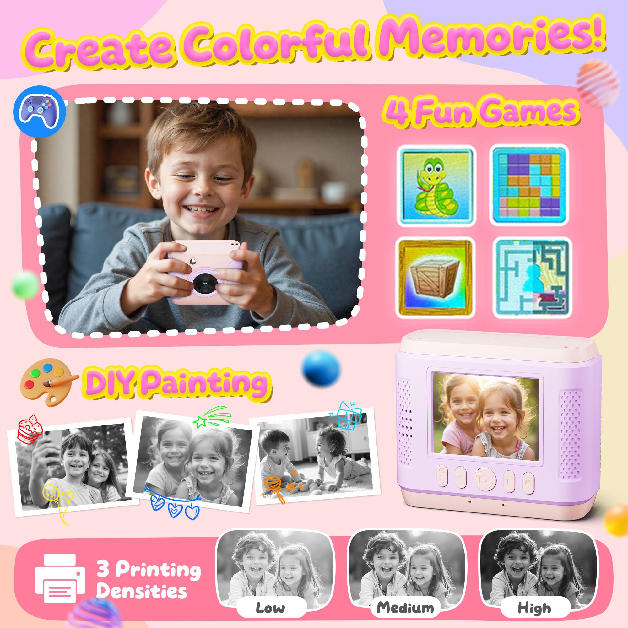 CalineGam Macchina Fotografica Bambini Istantanea, HD 1080P Fotocamera Istantanea per Bambini con Scheda 32G e Carta Fotografica, Regalo per Ragazze Ragazzi da 3-12 Anni (Rosa)