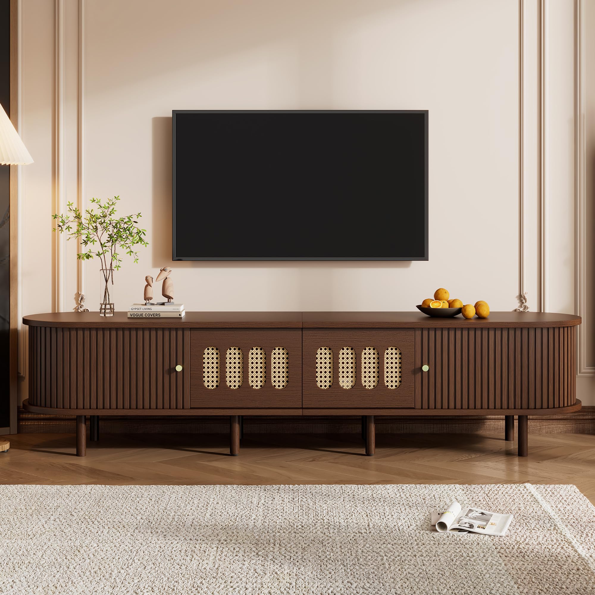 Merax 180cm Oval TV Stand, Walnut TV Unit for TVs up to 80 Inch, Media Console with 2 Drawers, 2 Roller Shutter Doors and 8 Support Legs, Entertainment Centre for Living Room