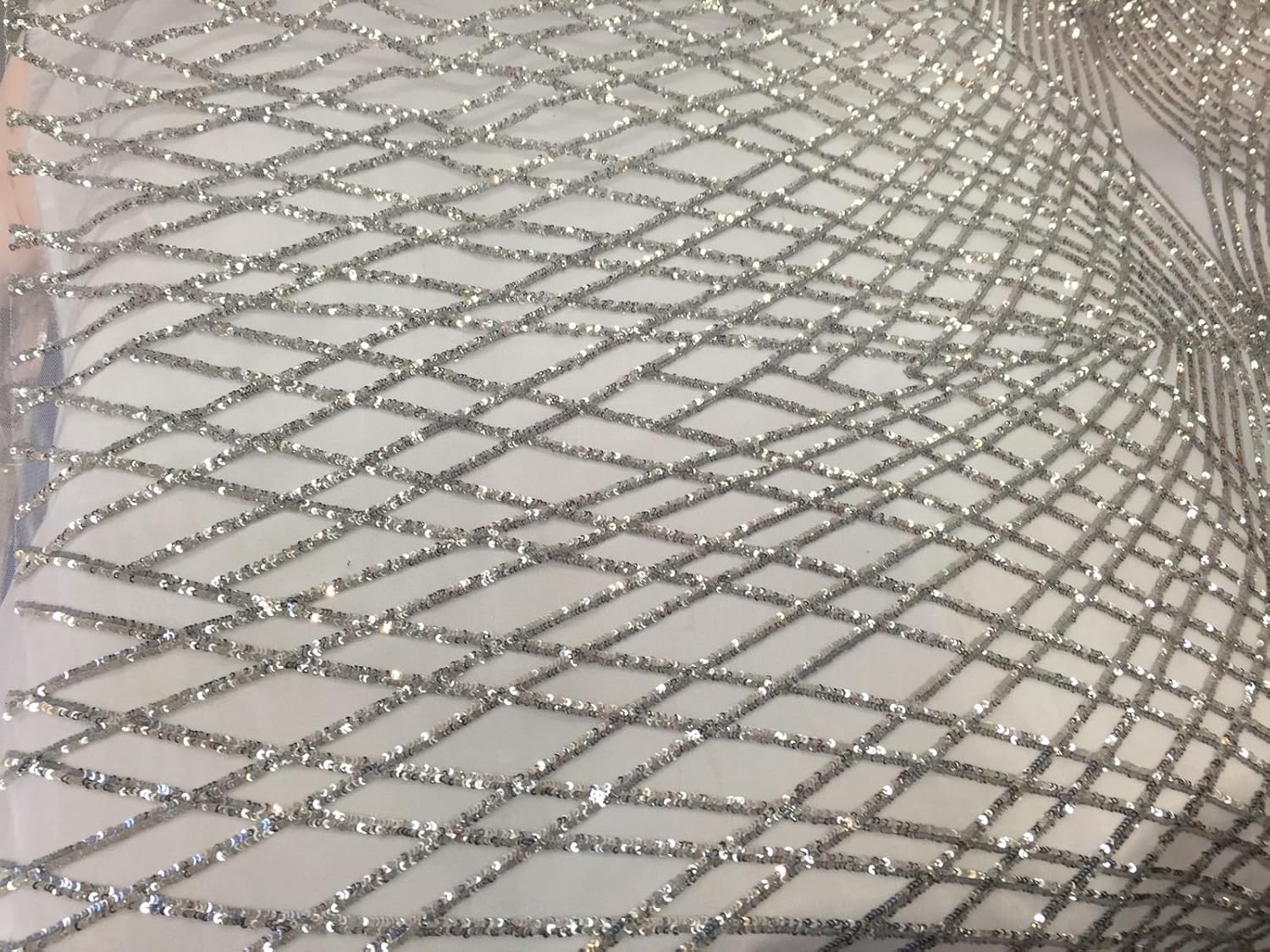 Silver Venom Diamond Web Embroider With Sequins On A White Mesh-Sold By The Yard