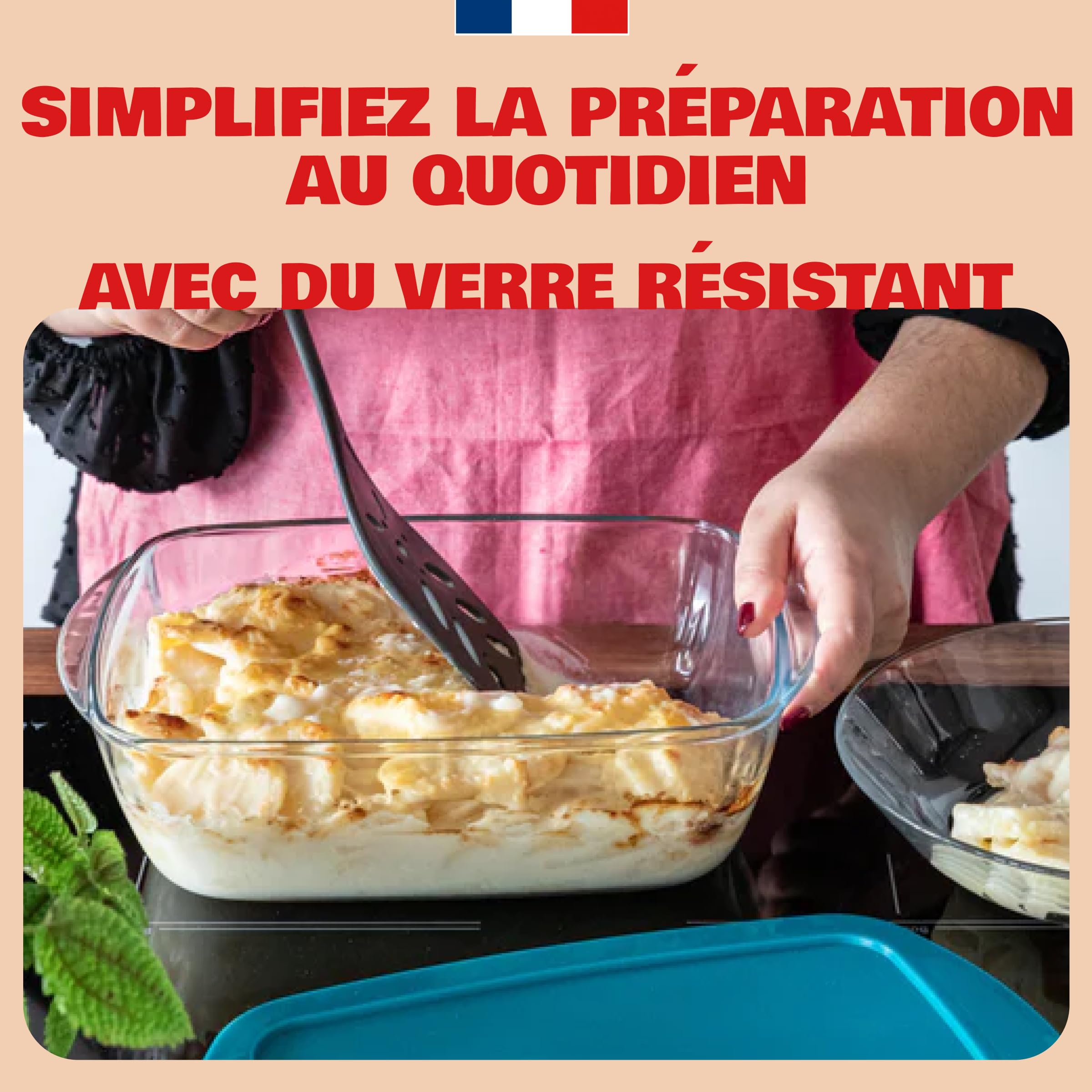 Pyrex - Plat à Four 40x27- Plat en Verre avec Couvercle Rectangulaire Vert - Profond et Empilable avec Poignées Pratiques 2 en 1 - Verre Borosilicate - Ustensile de Cuisine - Fontaines avec Poignées