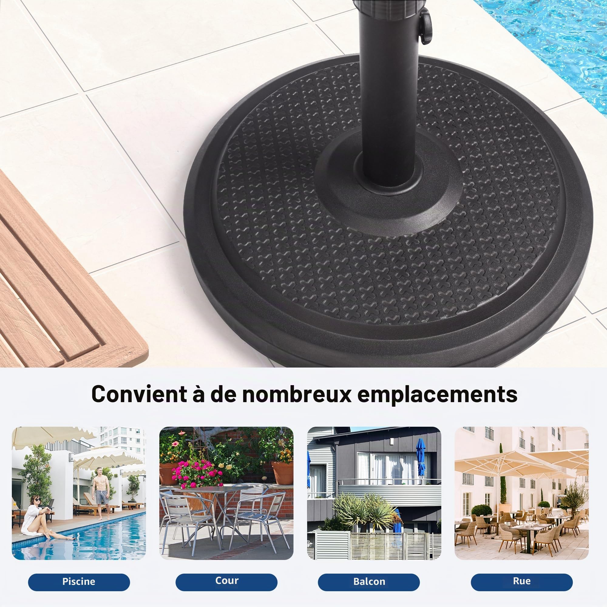 paramondo Pied de parasol Standard Rond, Noir, En Béton Polymère, Pour mât jusqu'à Ø 50mm, Douilles D'adaptation Incluses