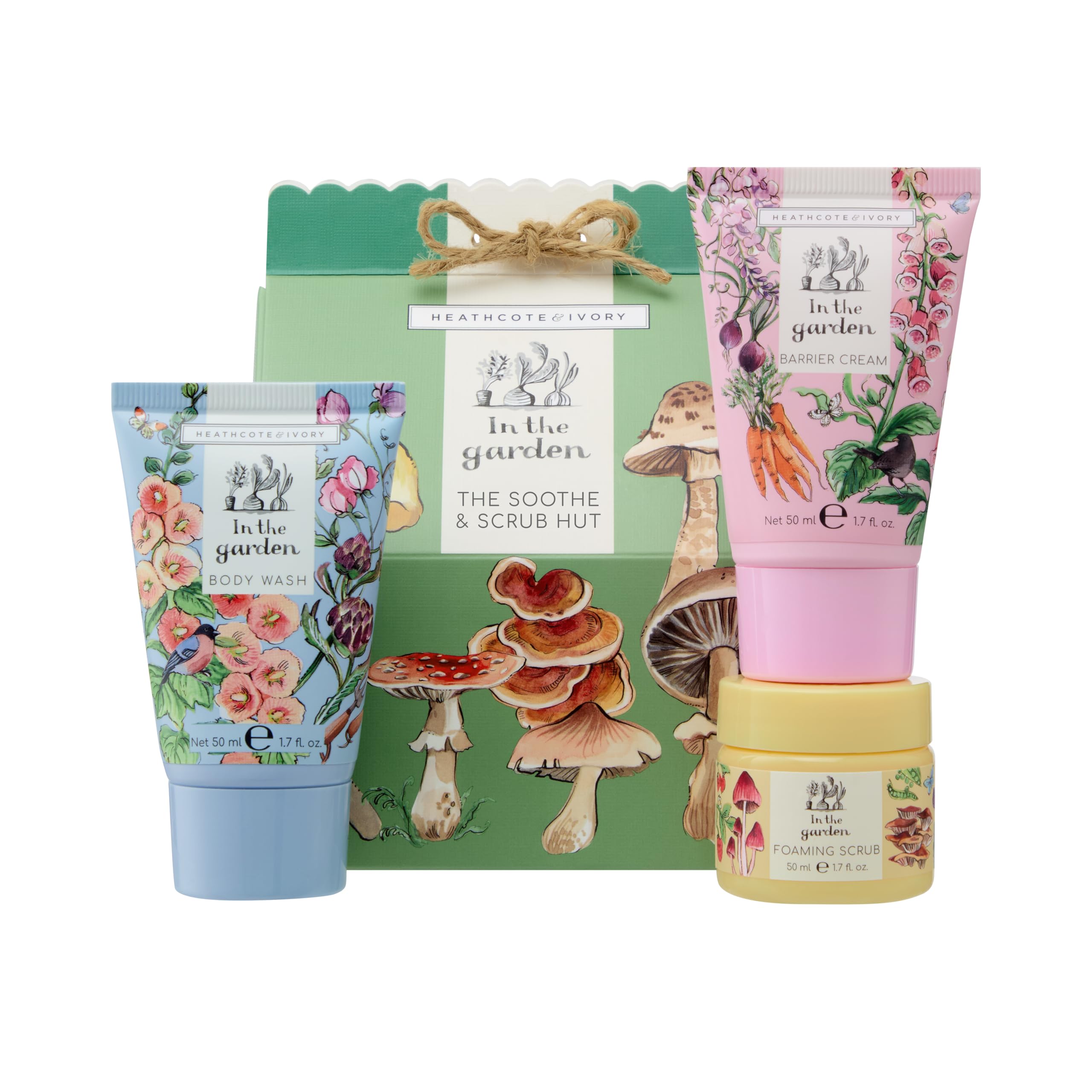 Heathcote & Ivory Body Wash, Sugar Scrub, Barrier Cream 3x 50ml, Soothe & Scrub Hut, Moisturiser, Shea Butter, Vitamin E, Fragranced, Travel Size, Vegan and Cruelty Friendly, Gift For Gardeners