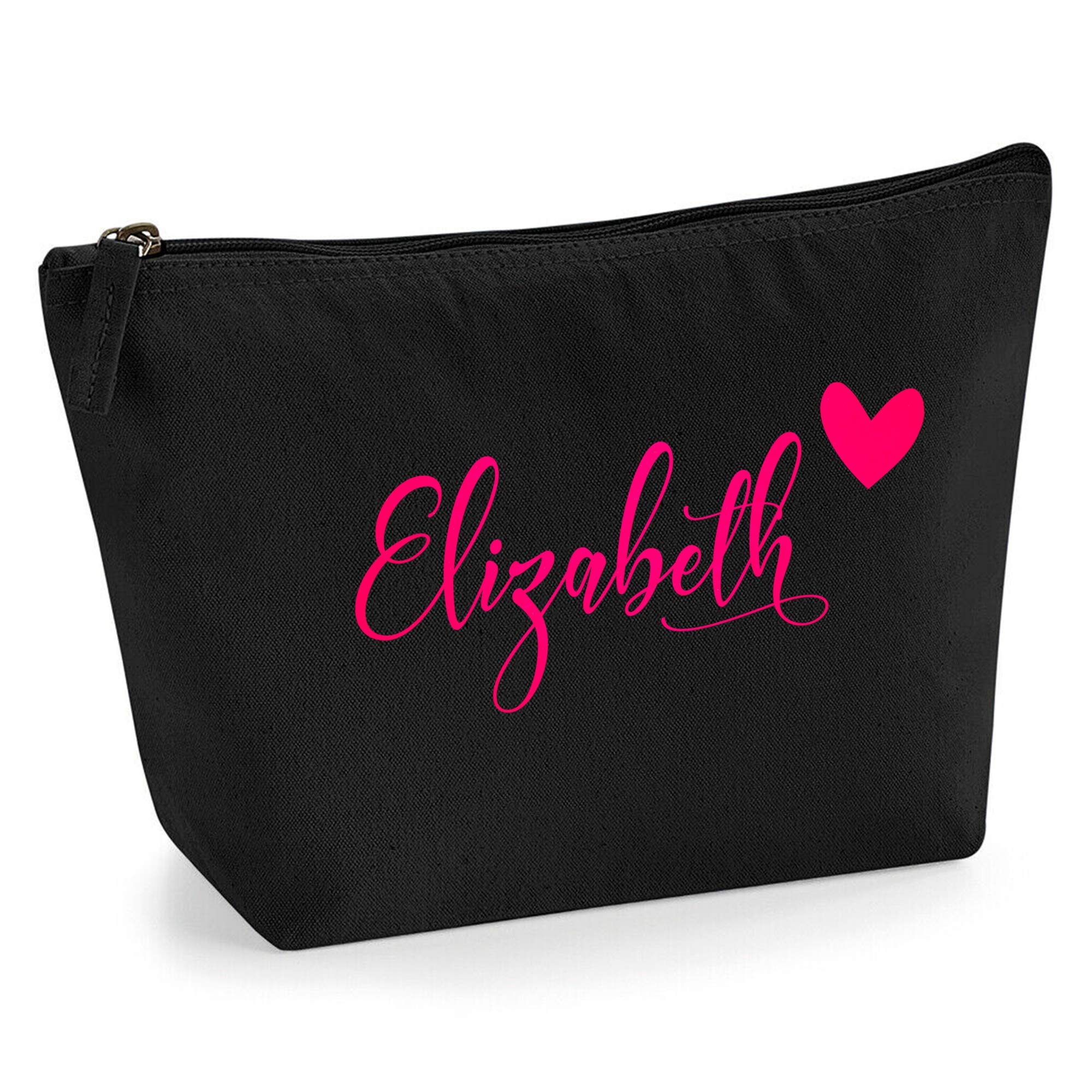 Personalized Name Initials & Heart Design Style Make Up Accessory Bag with Texture Print - Neon Pink Flock - L Black
