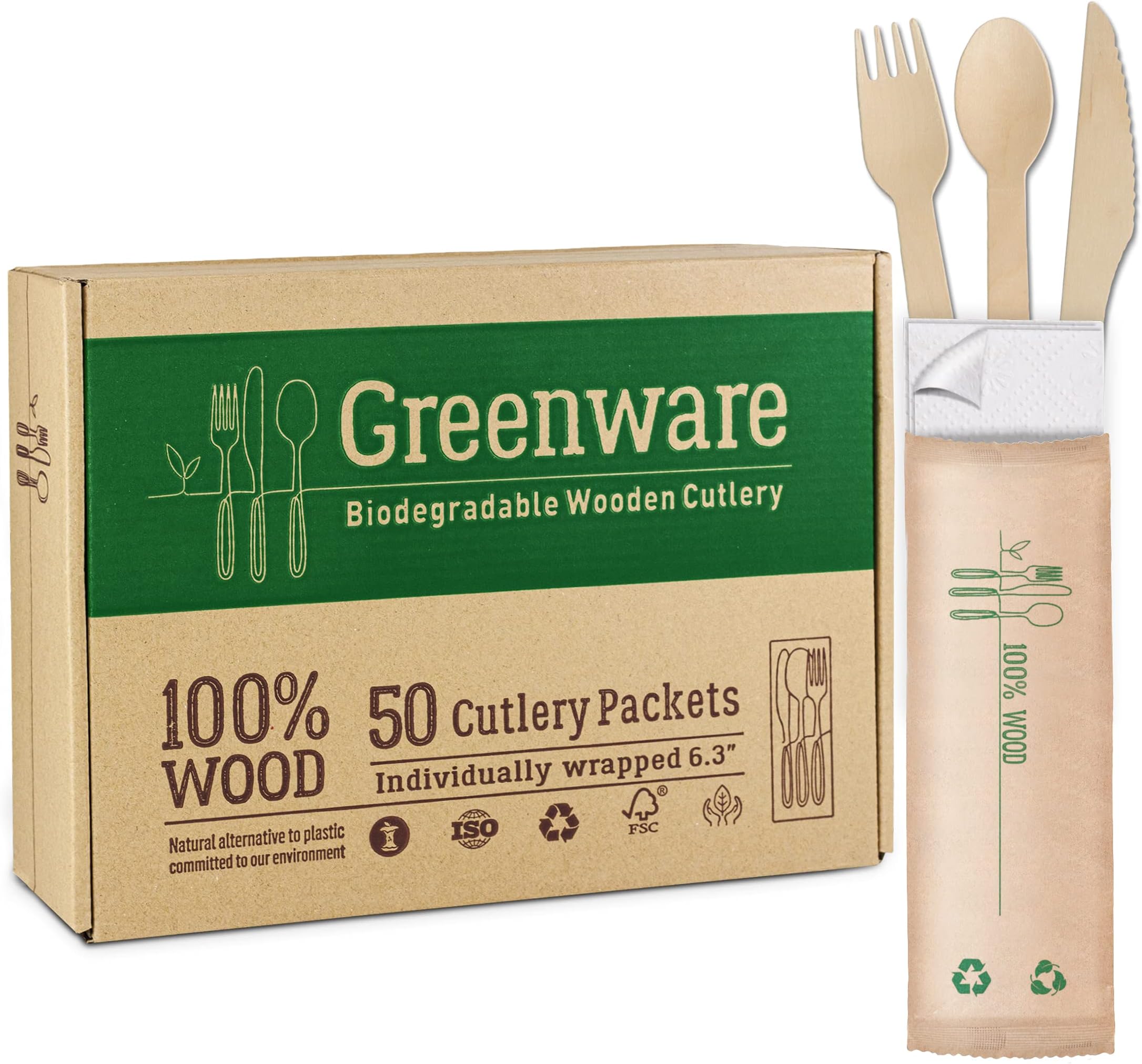 50 Disposable wooden cutlery packets | individually wrapped set of fork knife spoon and napkin | 100% compostable wood and paper Eco Friendly Alternative for Plastic