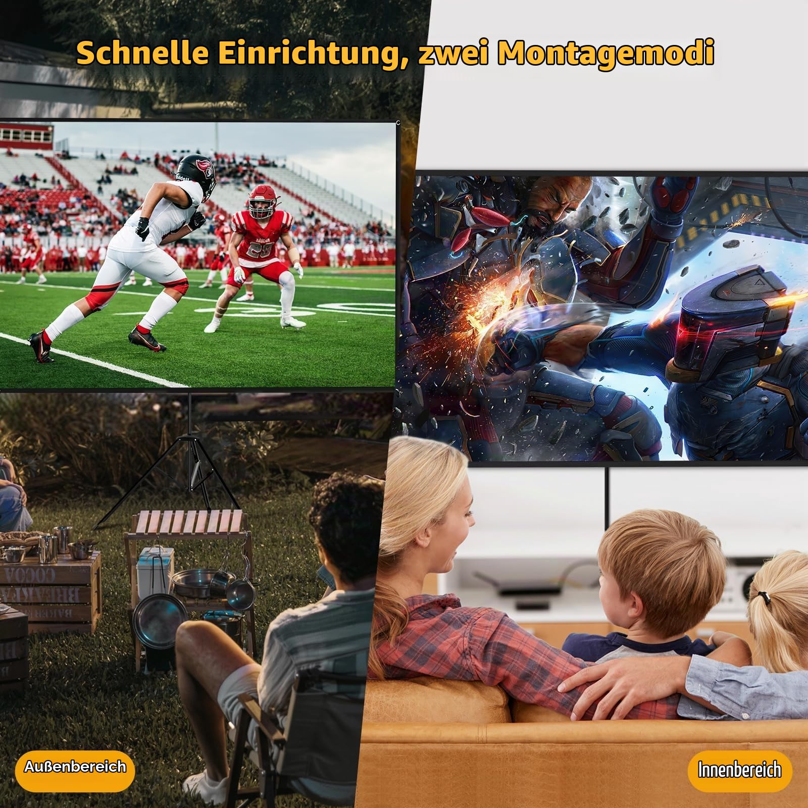 WASJOYE 100 Zoll Beamer Leinwand mit Stativ,16:9 4K HD Beamer Leinwand Outdoor,Windresistentes Design für Projektionsleinwand,inkl.Heringen Seilen,für Home Party, und innen/außen Filme,222 * 125cm
