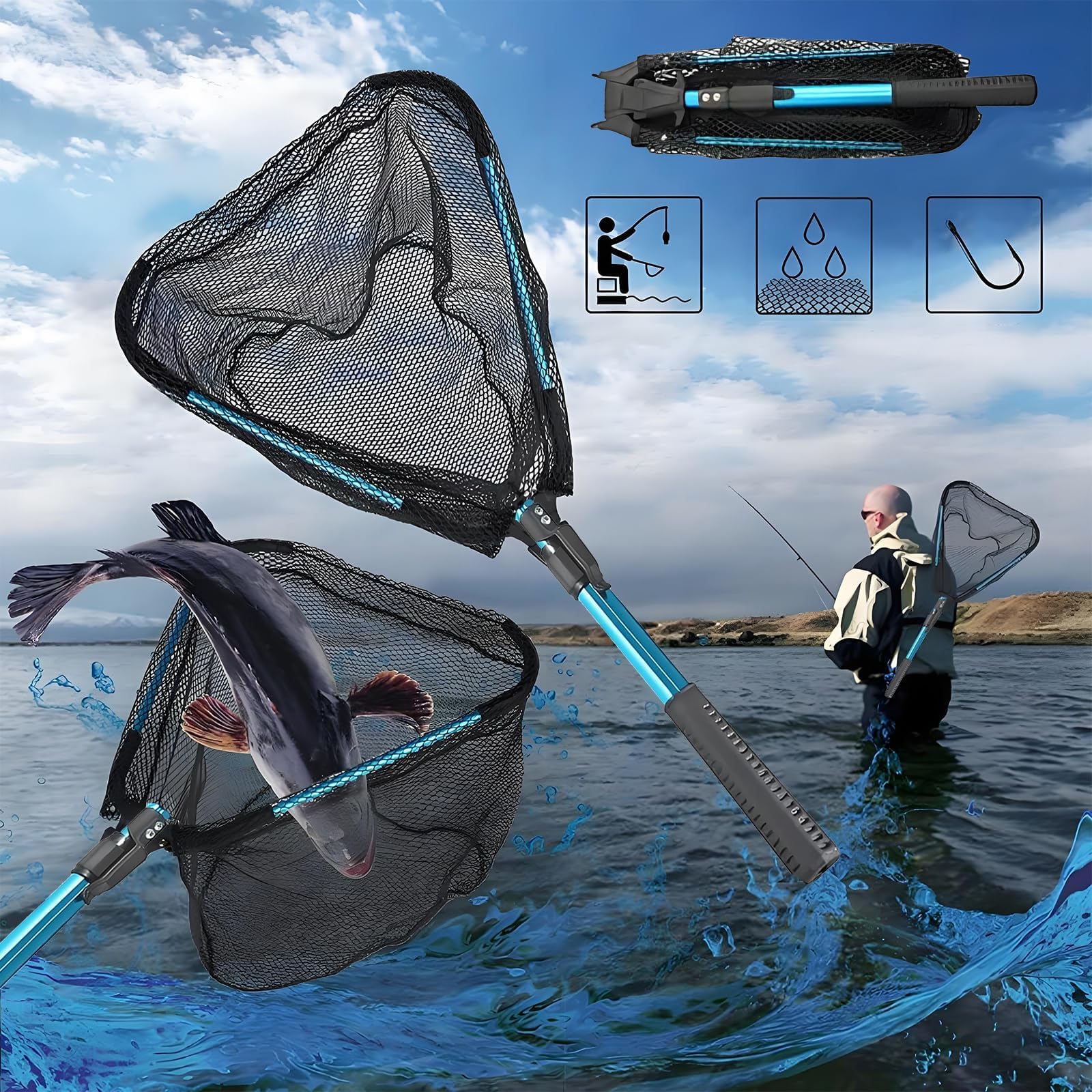 Jiavlyx Red de Pesca Plegable, 90cm Red de Pesca Telescópica, para estanques, Arroyos, Lagos y Desde embarcación — view 5