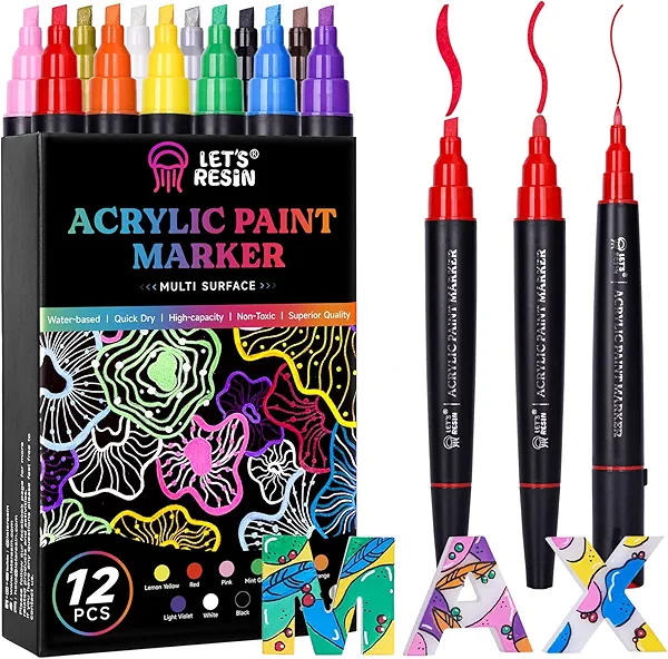 LET'S RESIN 12 Colors Acrylic Paint Markers, 3 Tips Multi-Purpose & High-Capacity Acrylic Paint Pens, Perfect Resin Supplies for Resin Crafts, Rock, Stone, Canvas, Glass, DIY Making Art Supplies