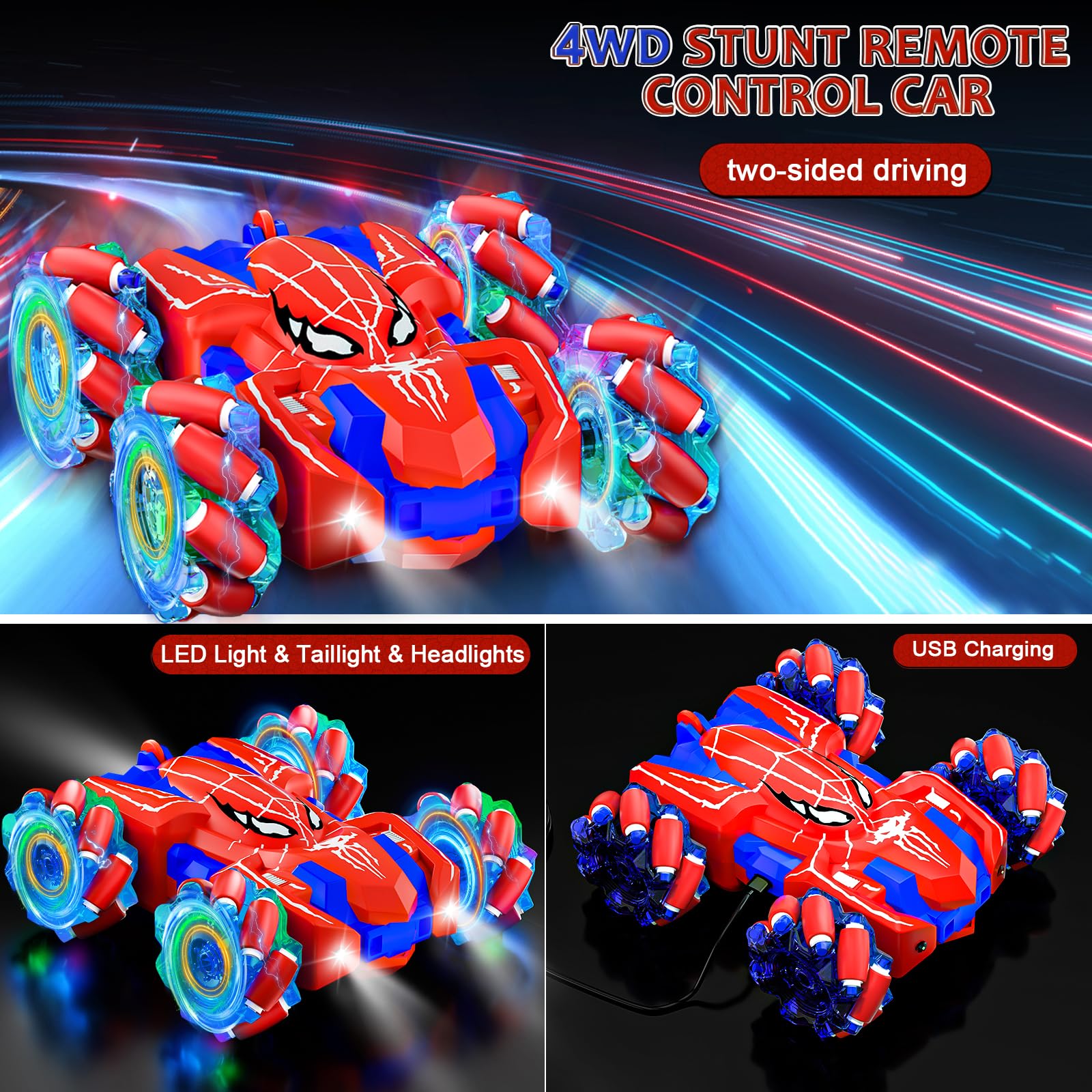 Spider Remote Control Car for Boys, Rechargeable RC Cars Toys with Cool Lights, 2.4Ghz Double Sided Drift RC Stunt Cars, 360°Rotating 4WD Off-Road Race Car for 4-6 6-12 Boy Kids Gifts