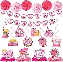 Wxiben Feliz Dia De Las Madres Decorations, 20PCS Happy Mothers Day Banners and Hanging Swirls Party Decoration, Mother's Day Honeycomb Centerpieces with Paper Pom Poms Decor Supplies