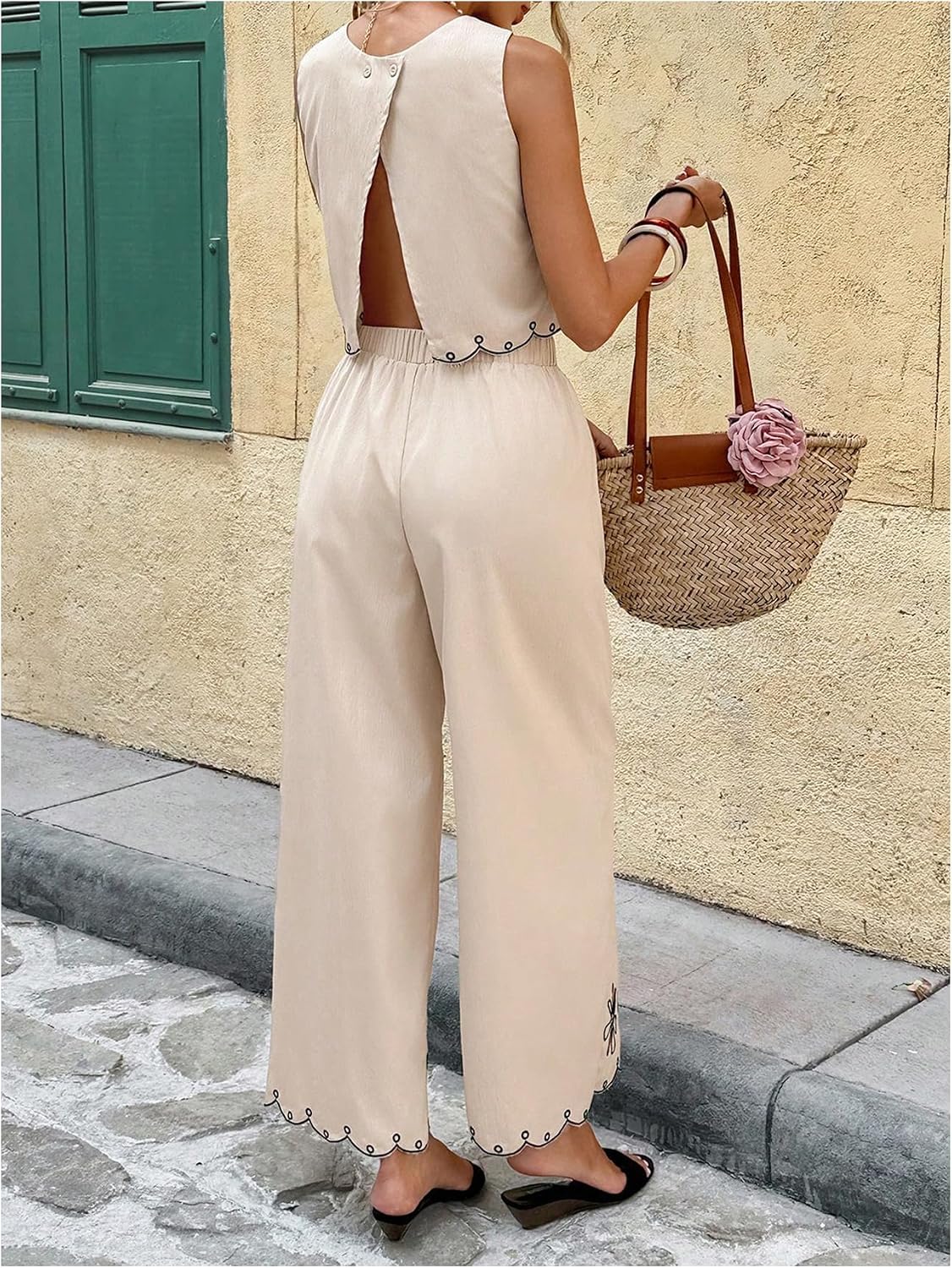 SHENHE Women's Summer Vacation Outfits 2 Piece Embroidered Crop Tank and Palazzo Pants Set