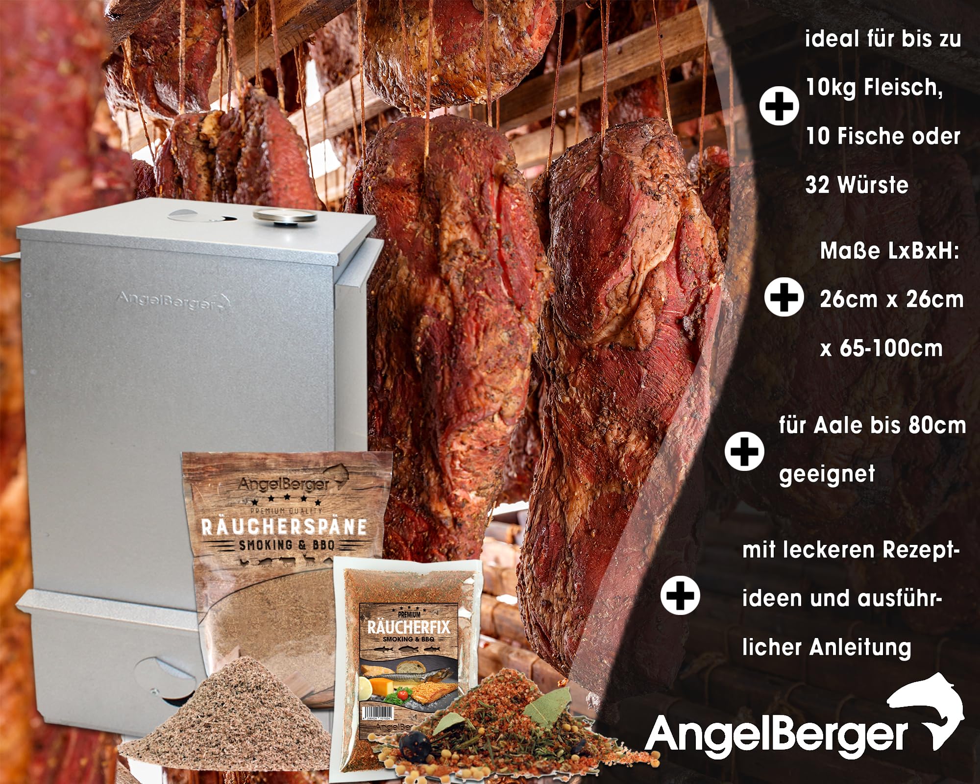 Angel Berger XXL Premium Räuchertonne I Tragbarer Smoker 65-100cm I für bis zu 10kg Räuchergut I mit Zubehör I Räuchern auf 2 Etagen I Nicht ROSTEND Aluminiert Räucherofen Räucherschrank