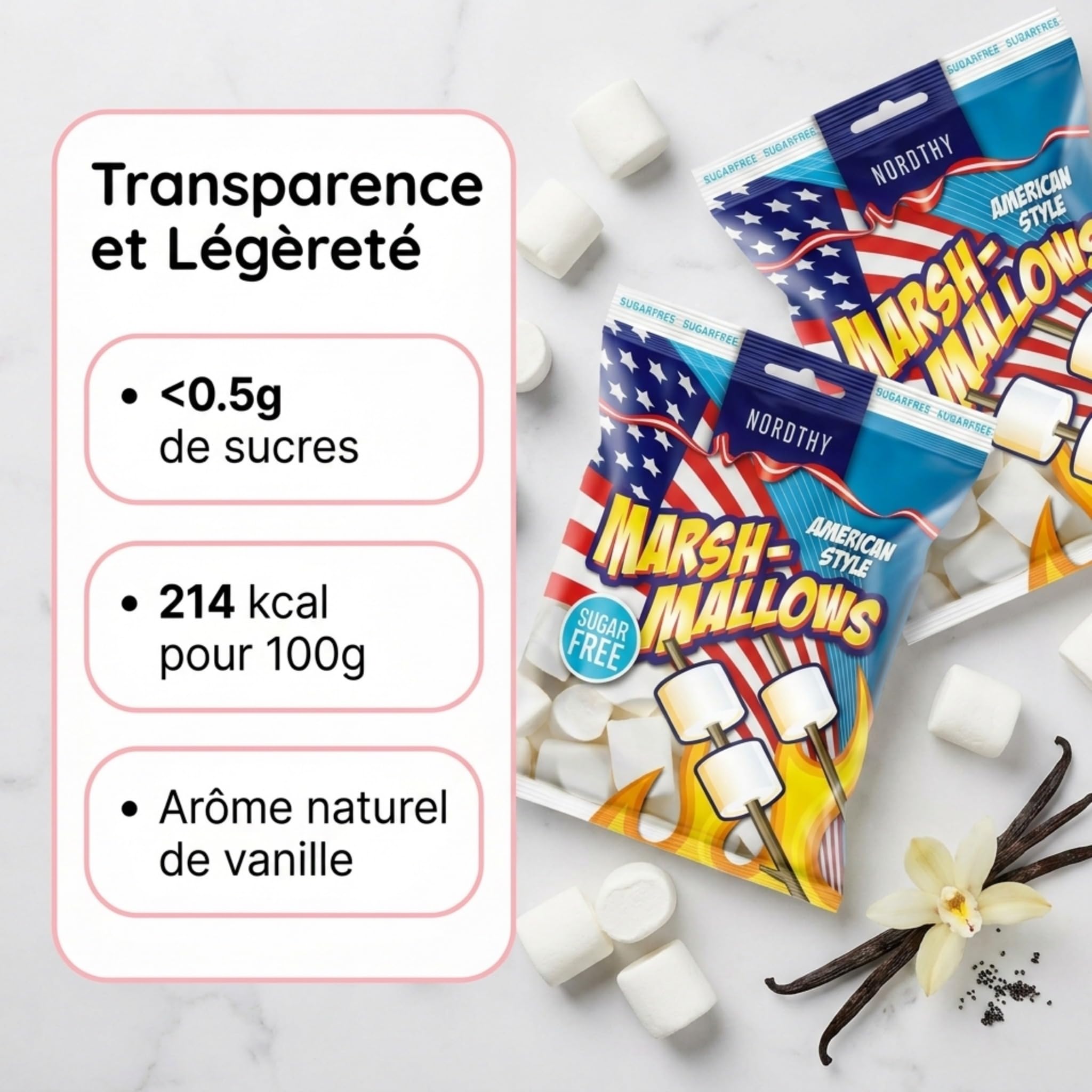 Nordthy Marshmallows American Style Sans Sucre 2x100g – Guimauves Moelleuses à la Vanille – Confiserie Faible en Calories – Chamallows Sans Sucres Ajoutés