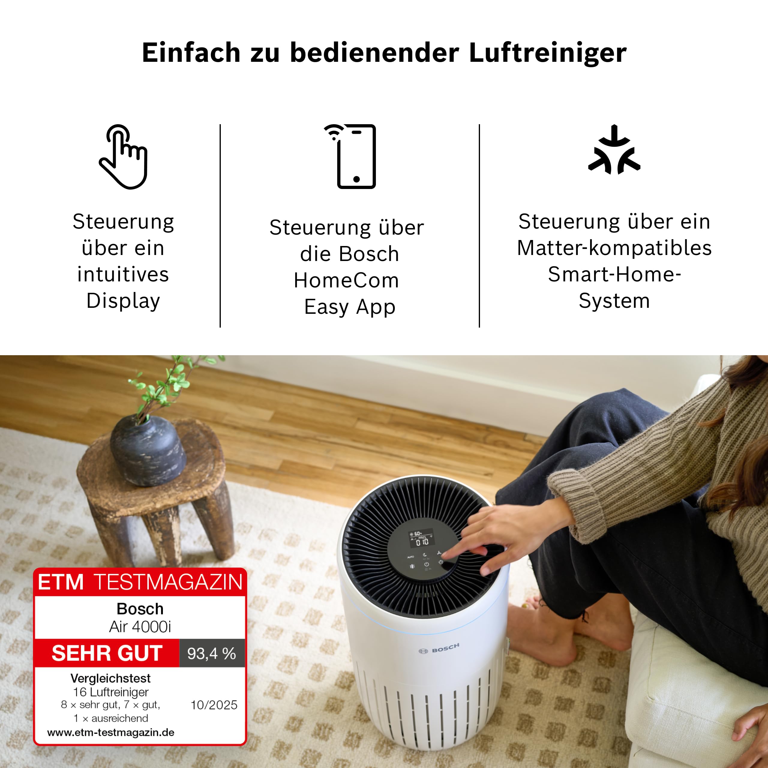 Bosch Air 4000i App-gesteuerter Luftreiniger - Für Räume bis zu 62,5 m² - Entfernt Schadstoffe - Mit 3-in-1 Luftfilter, Smart Sensor, Automatikmodus, Ruhemodus (< 25 dB(A)) - CADR: 300 m³/h
