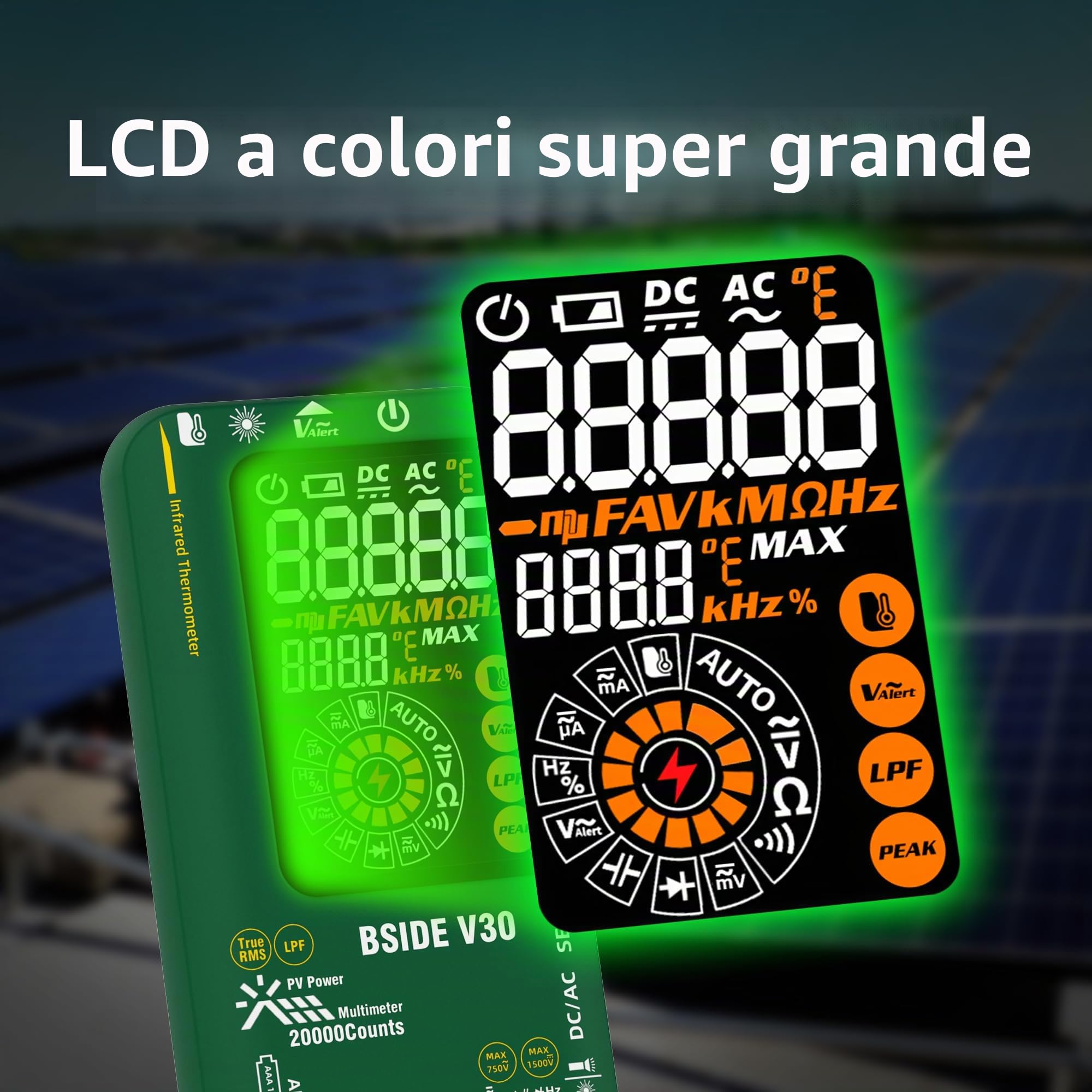 BSIDE Multimetro Digitale Intelligente 20000 Conteggi TRMS, Multimetro Fotovoltaico 1500V 0.01mV 0.1μA, Tester Elettricità con Filtro Passa Basso, Doppia Alimentazione, LCD a colori e Termometro IR