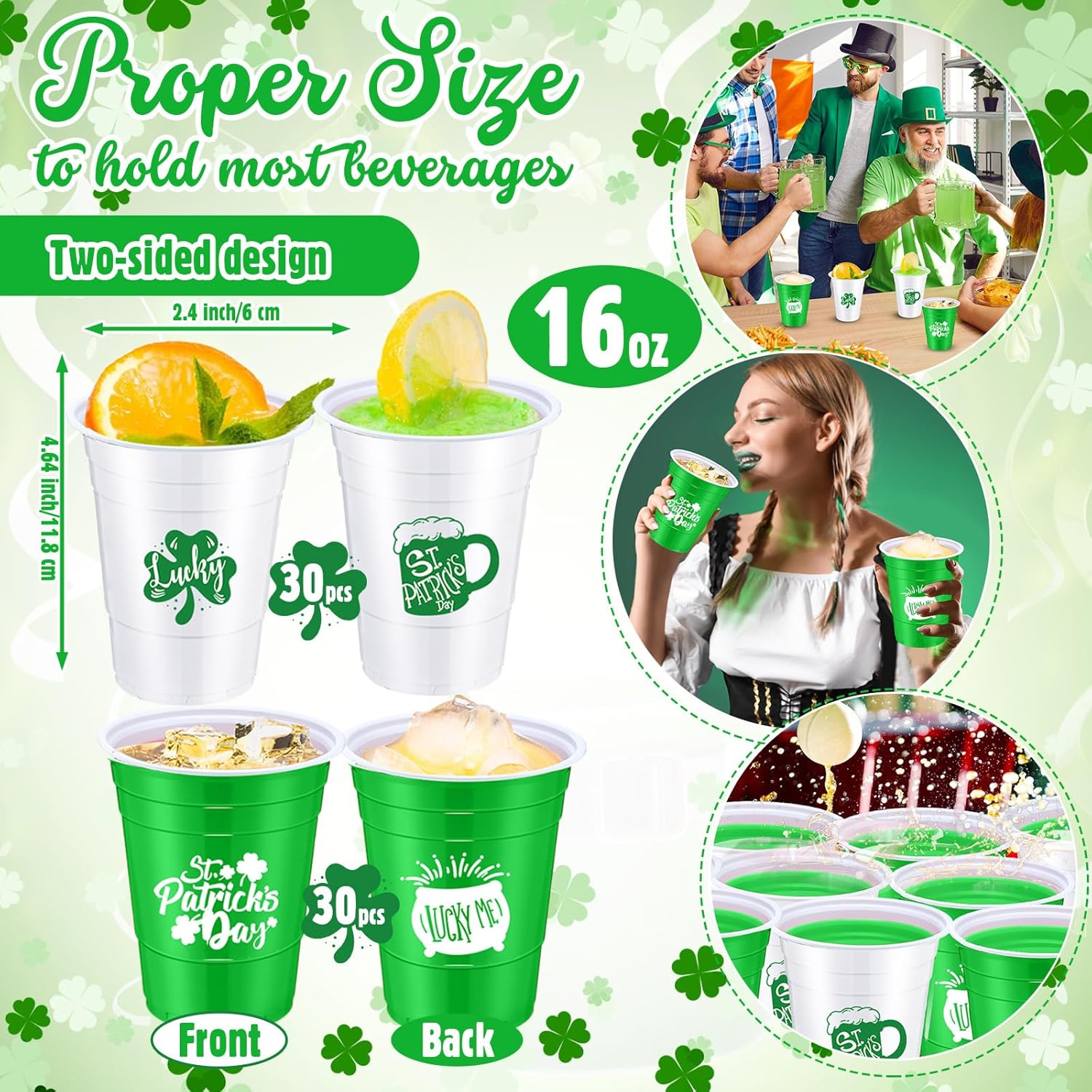 Jingmore 60 Pcs St Patrick's Day Plastic Cups 16oz White Green Lucky Clover Shamrock Disposable Cups for Saint Patty's Day Beer Beverage Drinking Party Decoration Supplies