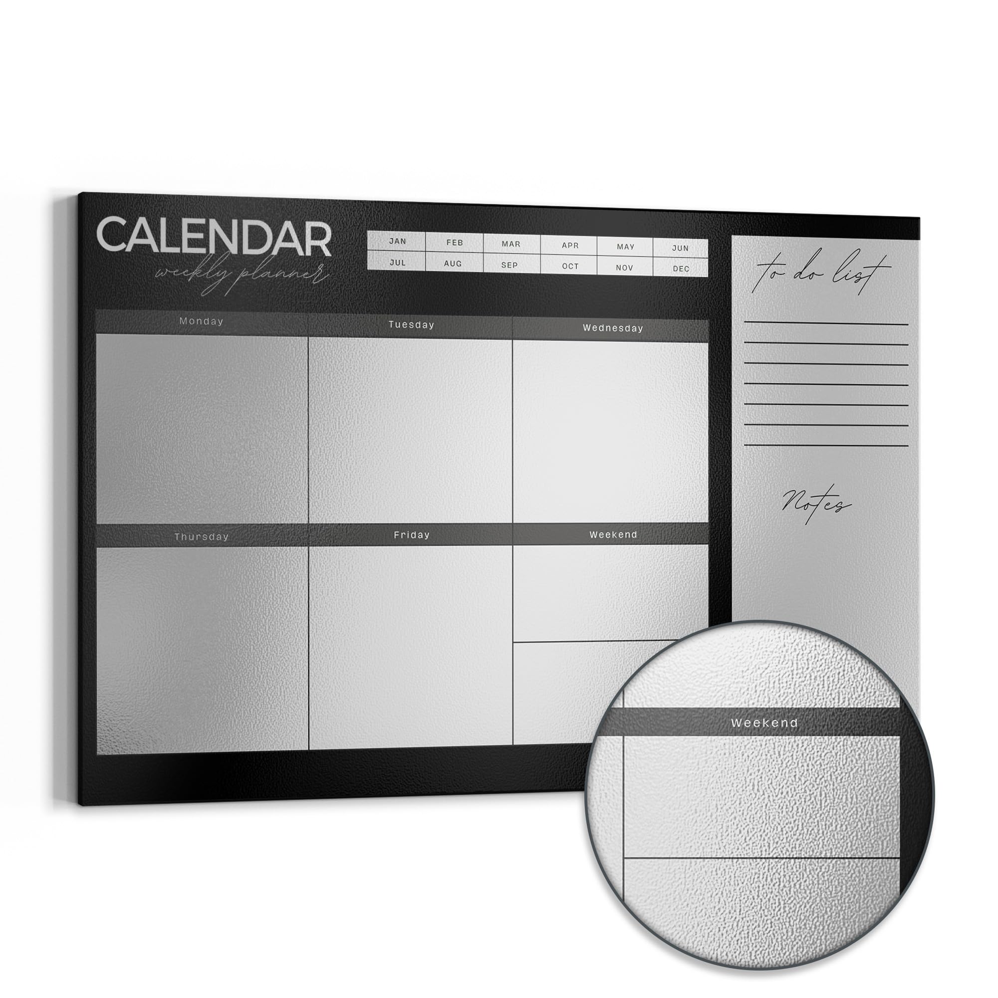 DEQORI Lavagna magnetica in metallo, 90 x 60 cm, motivo "Agenda settimanale nero (EN)", lavagna bianca per tutti i magneti, lavagna magnetica da parete per cucina e ufficio, bacheca magnetica
