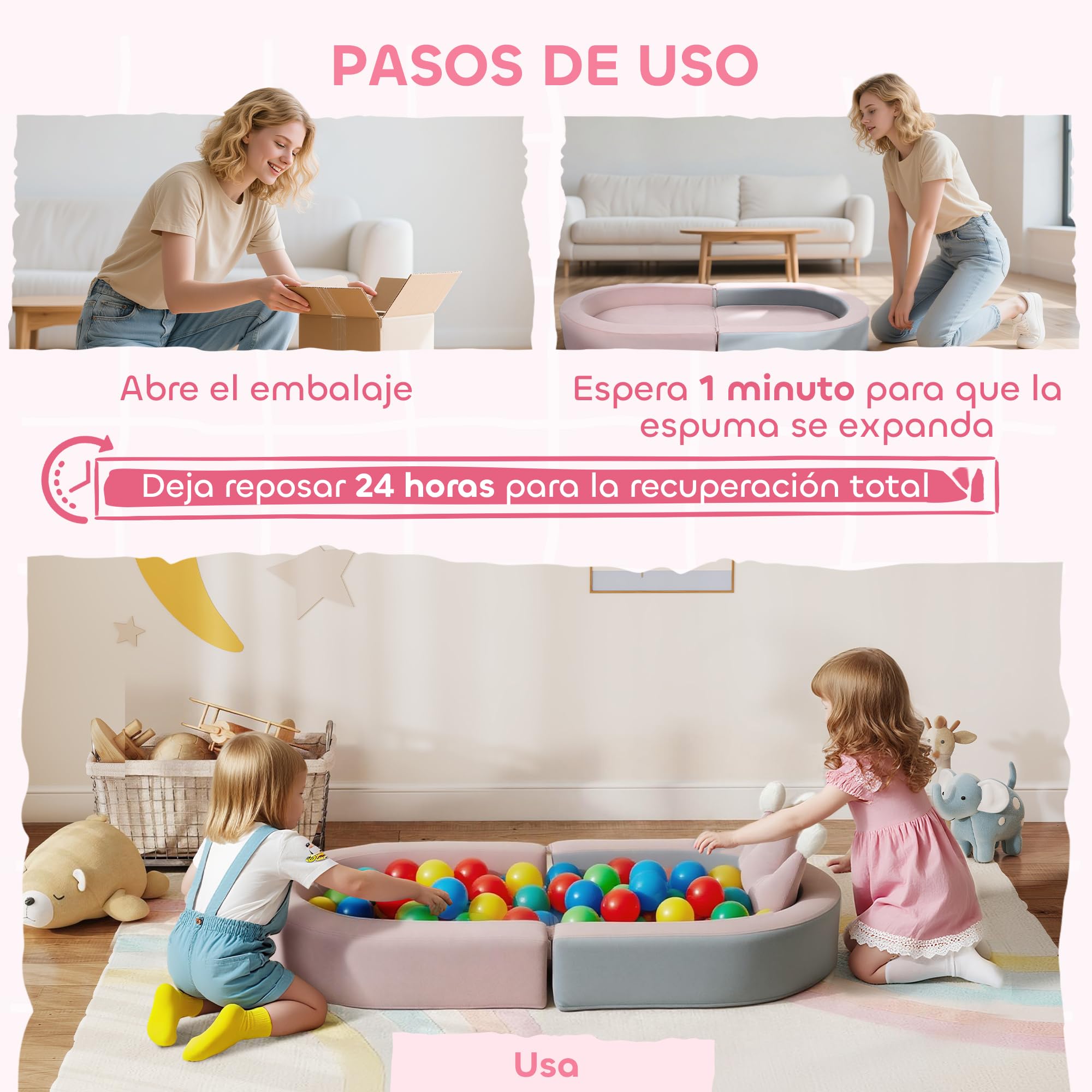 AIYAPLAY Sofá Infantil Convertible, Sofá para Niños con Cojín de Corona, Plegable en Cama y Zona de Juego, Tapizado de Terciopelo Suave, para Niños 18-36 Meses, Rosa y Azul Grisáceo