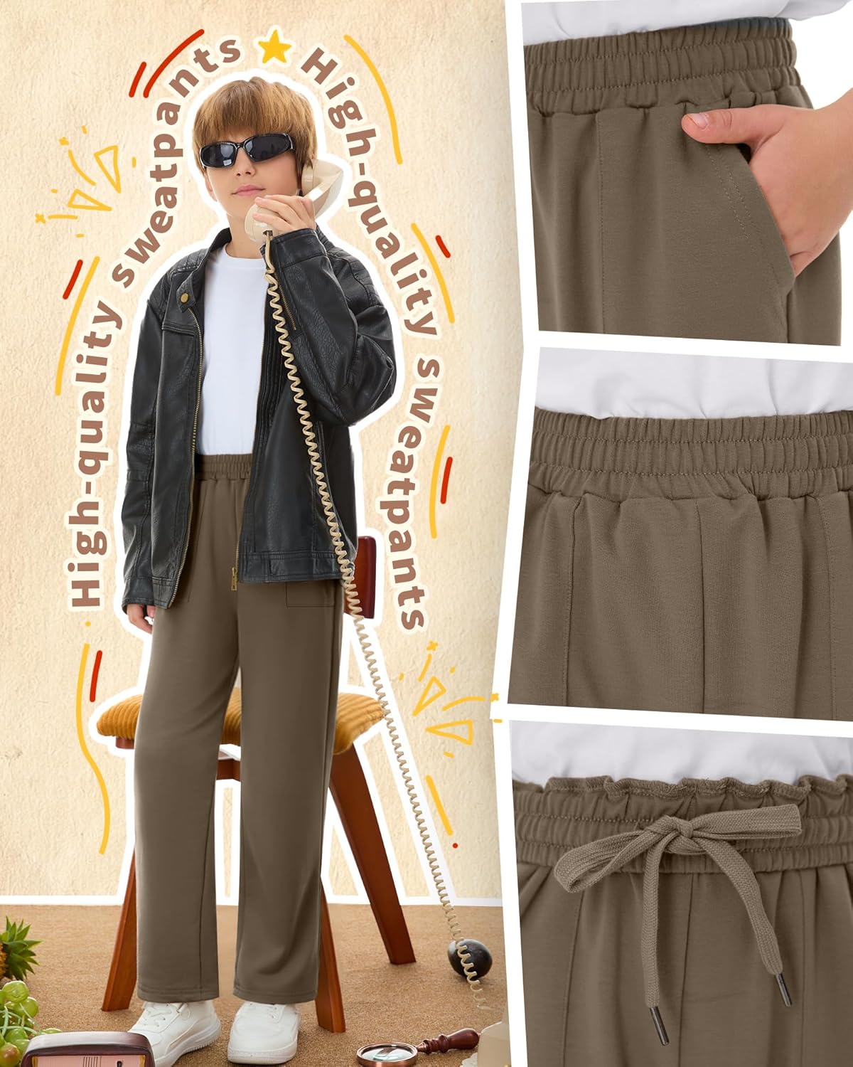 3 Pack Boys' Baggy Sweatpants Straight Leg Open Bottom Athletic Pants Kids Drawstring Trousers with Pockets