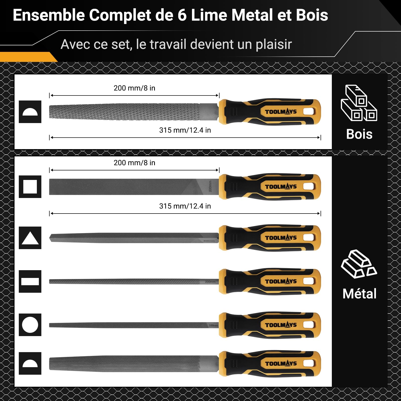 Lime Metal et Lime Bois 6pcs, Limes Plate/Ronde/Demi-ronde/Triangulaire/Carrée, Rape Bois avec Poignées Caoutchouc Antidérapantes et Sac de Rangement Portable pour Bois, Métal