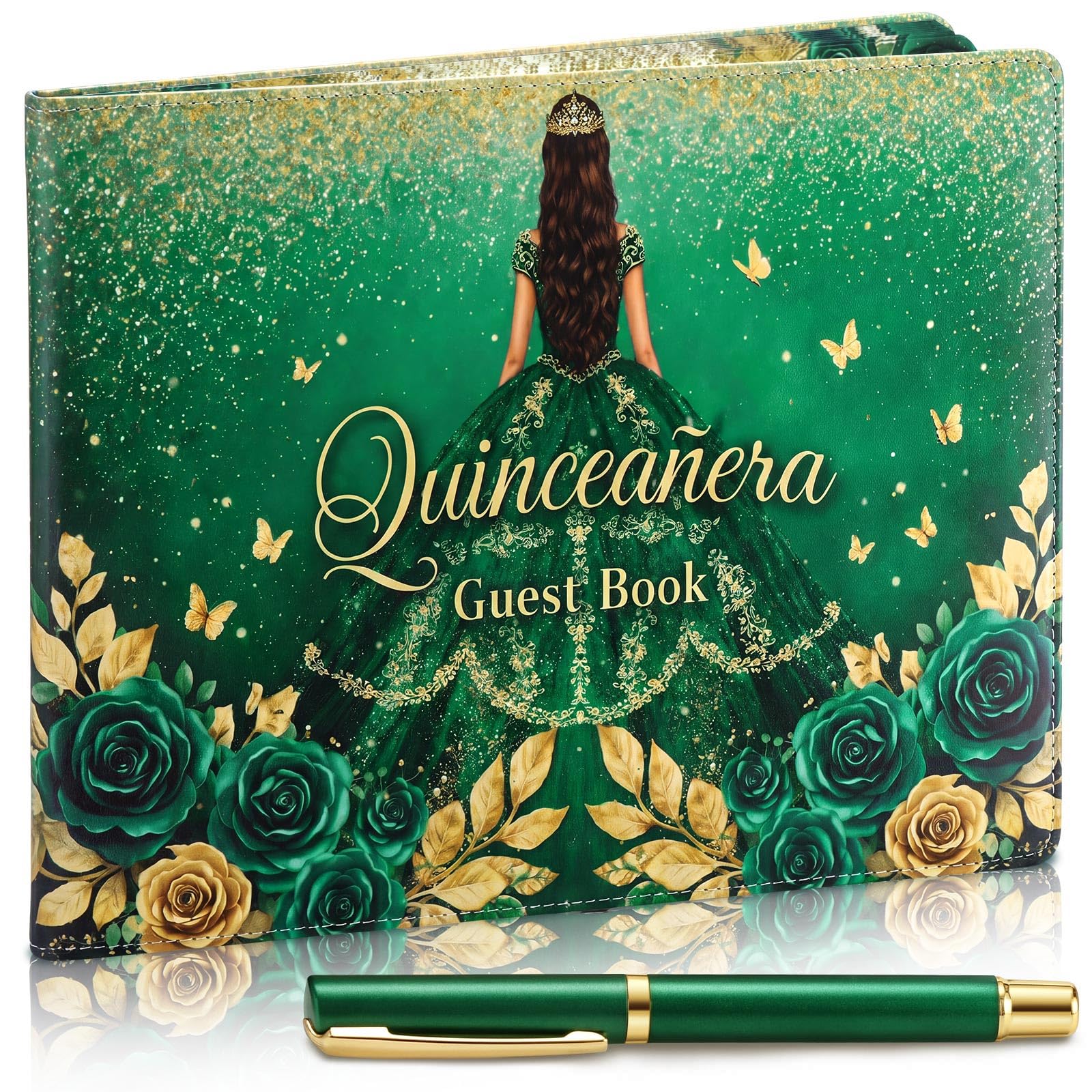 MotiMind Quinceanera Guest Book with Pen Libro De Firmas Para 15 Anos Green
