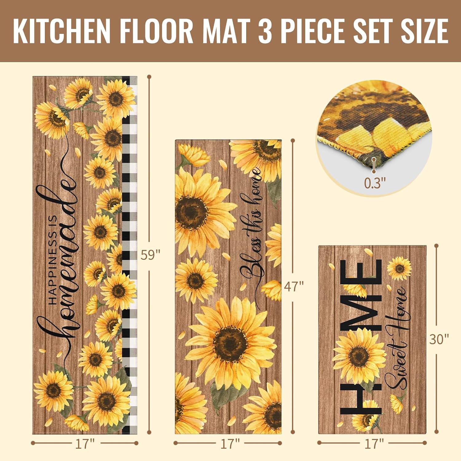 Sunflower Kitchen Rugs Sets of 3 Piece with Runner, Farmhouse Rustic Plaid Watercolor Floral Leaves Kitchen Floor Mat Rug Carpet Sunflower Kitchen Decor and Accessories Stuff for Home, Yellow Brown