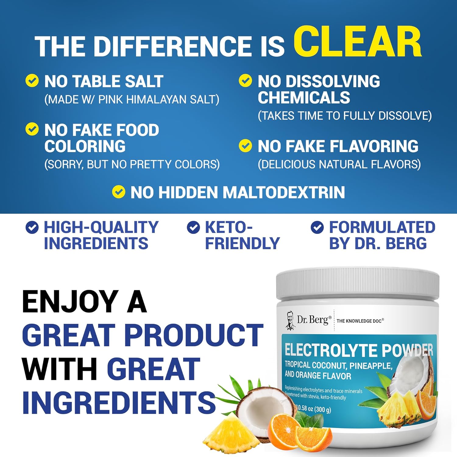 Dr. Berg Zero Sugar Hydration Keto Electrolyte Powder - Enhanced w/ 1000 mg of Potassium & Real Pink Himalayan Salt (NOT Table Salt) - Tropical Coconut, Pineapple & Orange Drink Supplement 50 Servings - Image 5